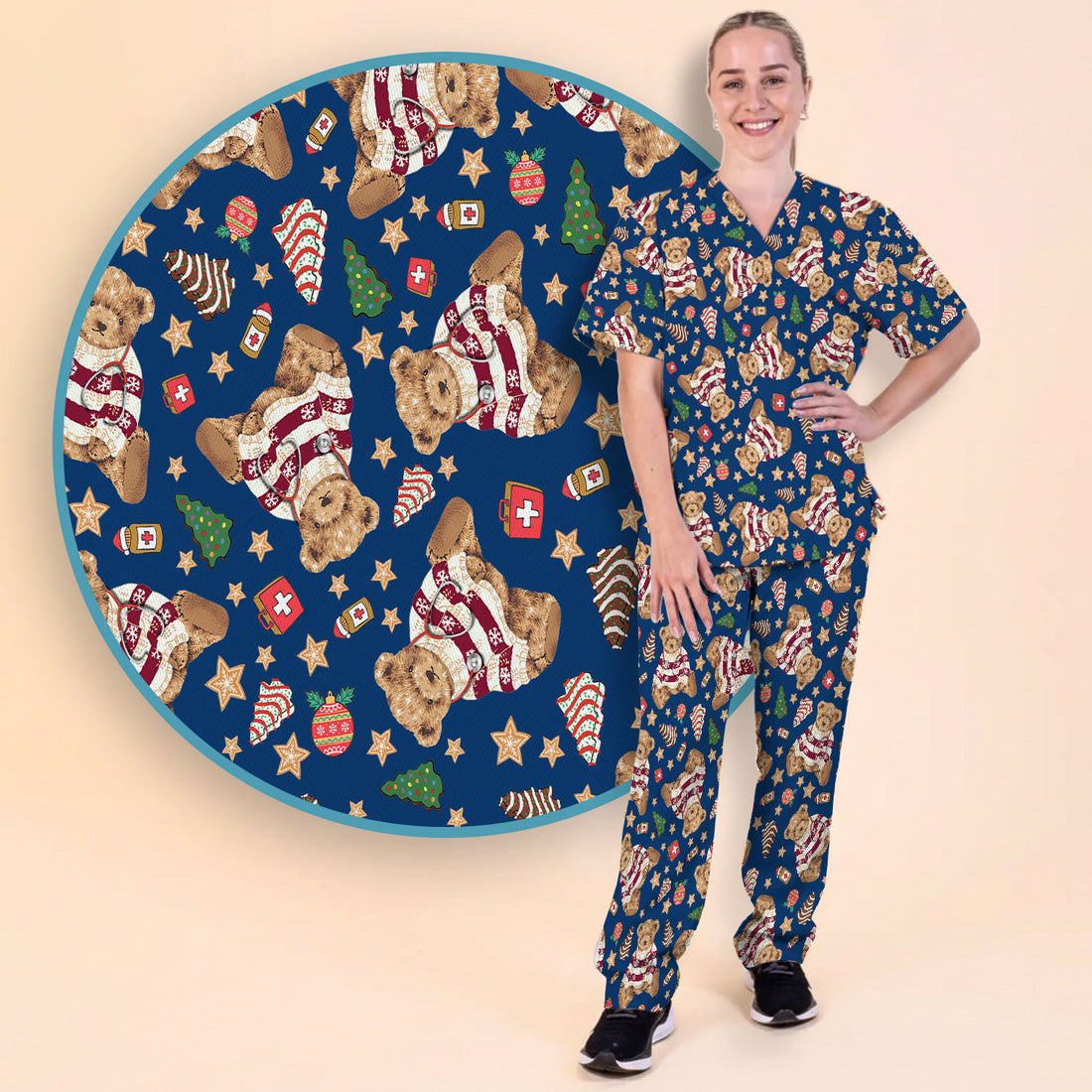 Teddy Bear Christmas Scrub Set - Festive Scrubs Pants and V Neck Top for Women - Gift for Nurses RN CNA LPN