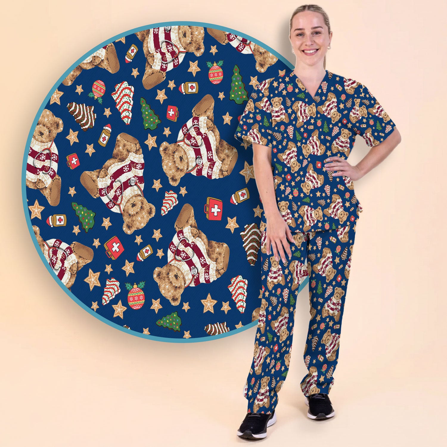Teddy Bear Christmas Scrub Set - Festive Scrubs Pants and V Neck Top for Women - Gift for Nurses RN CNA LPN