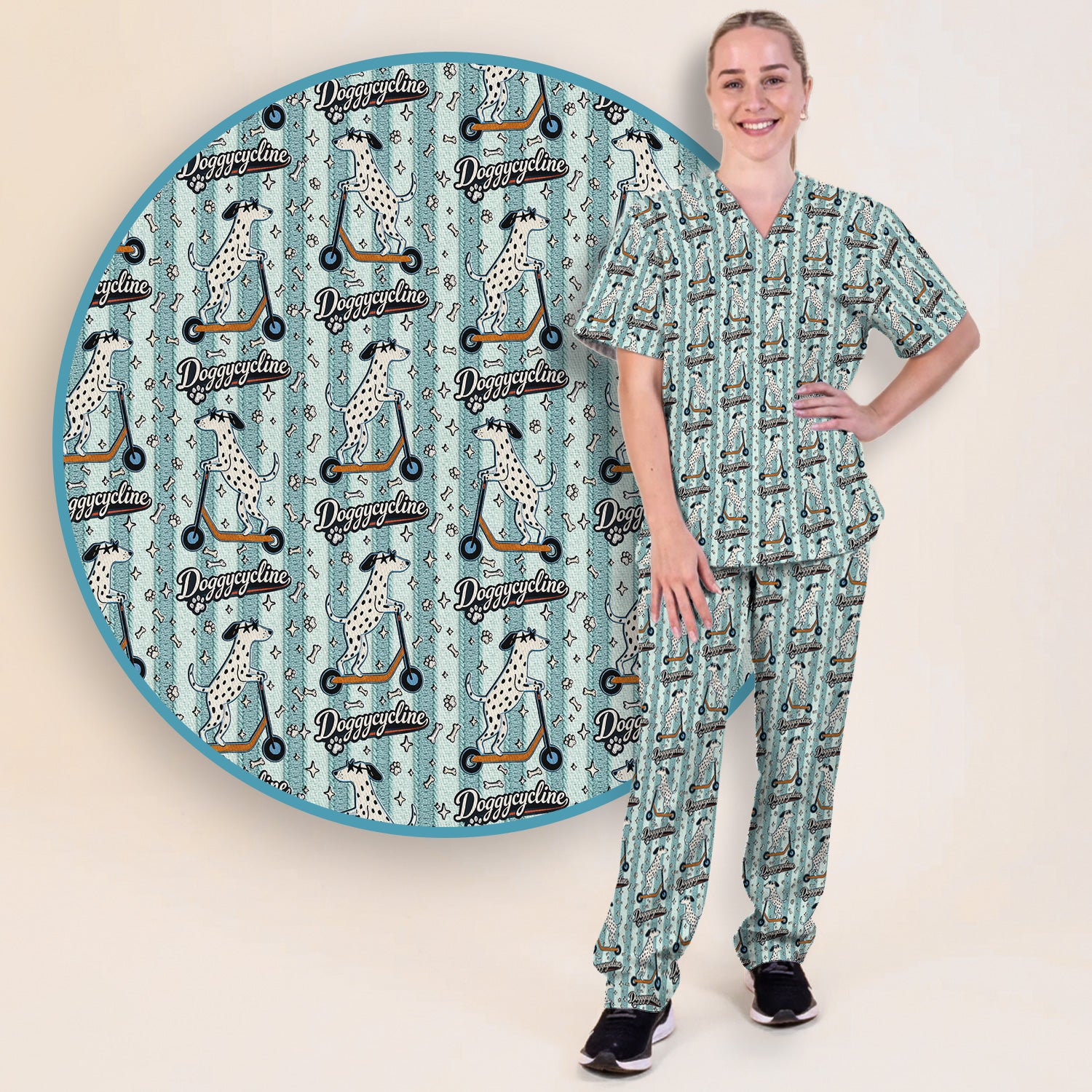 Veterinary Dalmatian Dog Pattern Scrub Set, Scrub Pants and V Neck Top