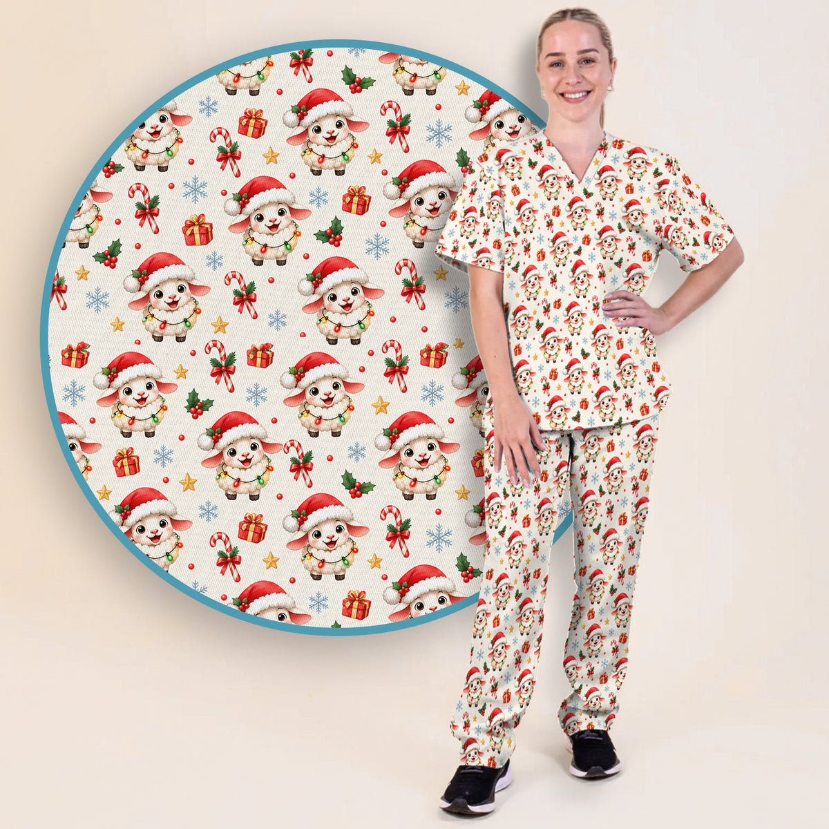 Christmas Lamb With Lights Scrub Set, Scrub Pants and V Neck Top