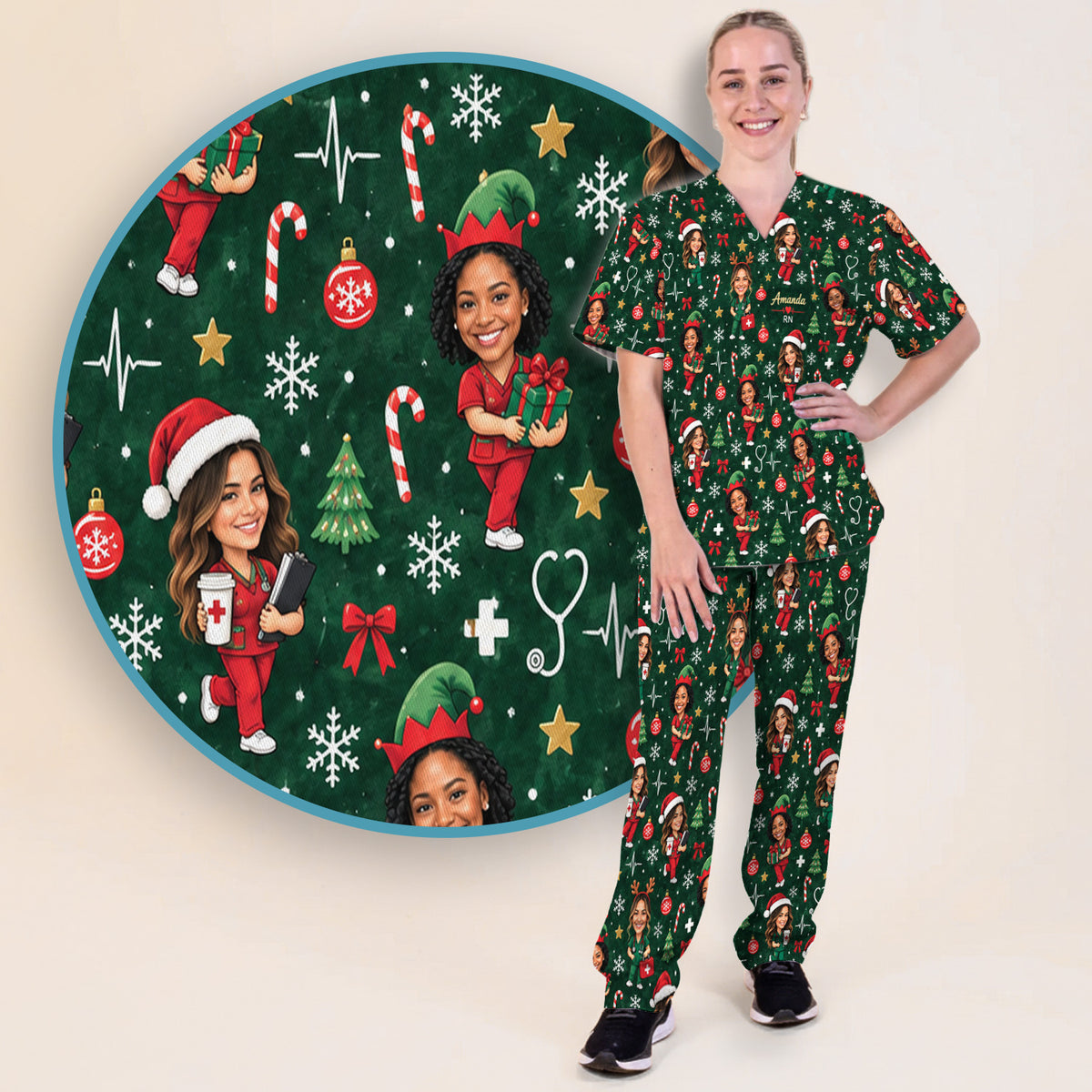 Personalized Christmas Nurse Photo And Name Scrub Set, Scrub Pants and V Neck Top