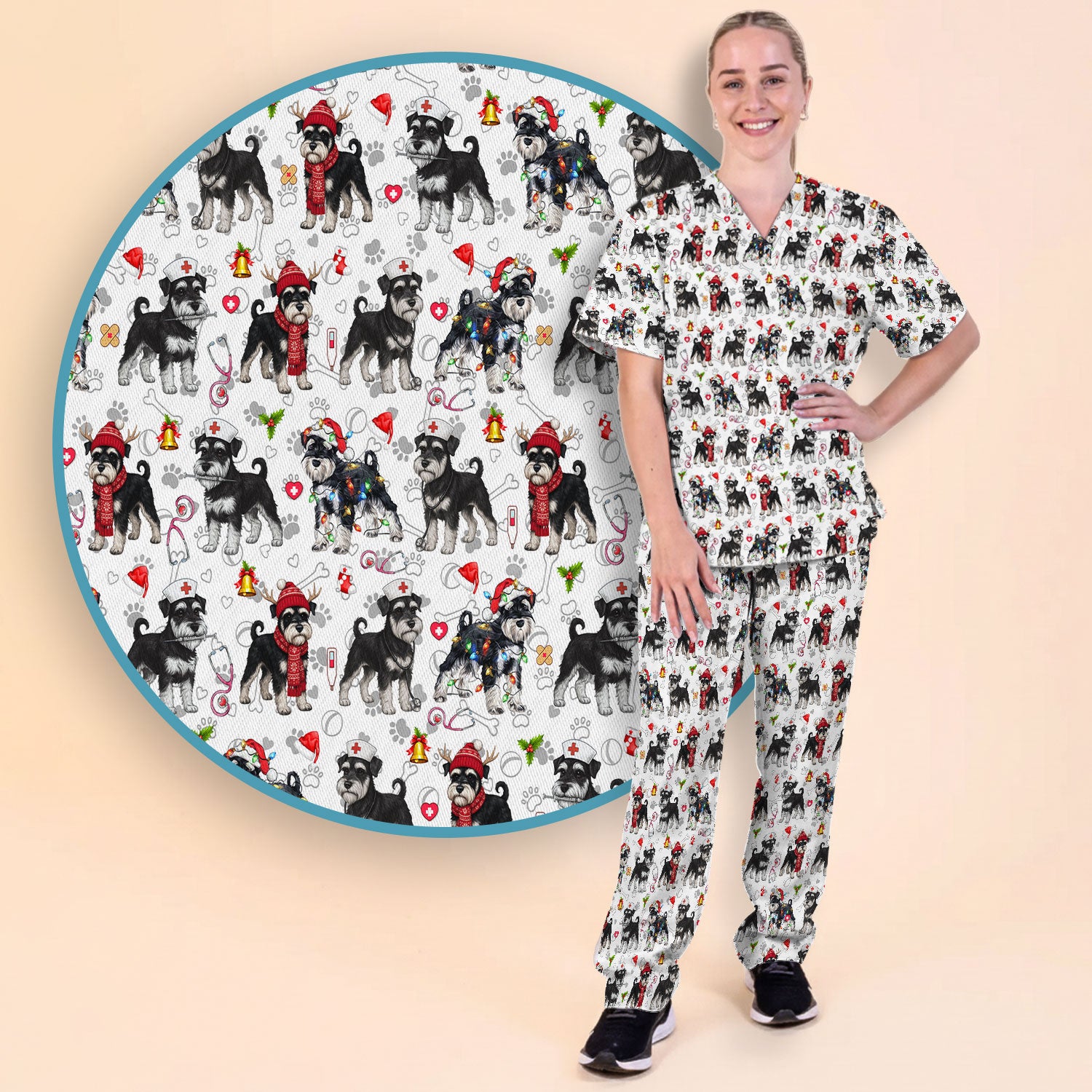 Christmas Schnauzer Scrub Set for Nurses - Cute Dog Holiday Scrubs Pants and V Neck Top - Funny Santa Nursing Medical Shirt for Women