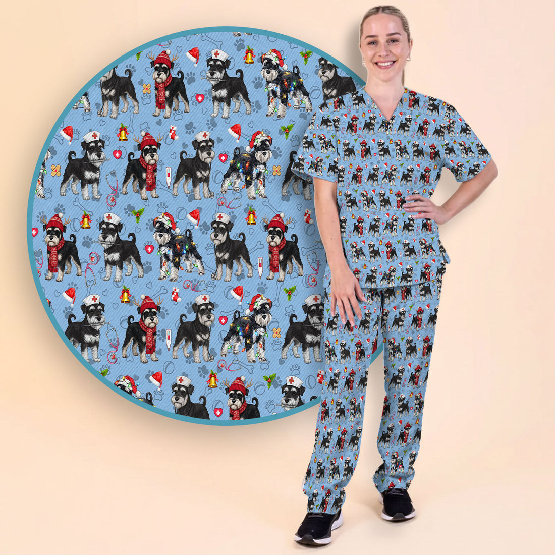 Christmas Schnauzer Scrub Set for Nurses - Cute Dog Holiday Scrubs Pants and V Neck Top - Funny Santa Nursing Medical Shirt for Women