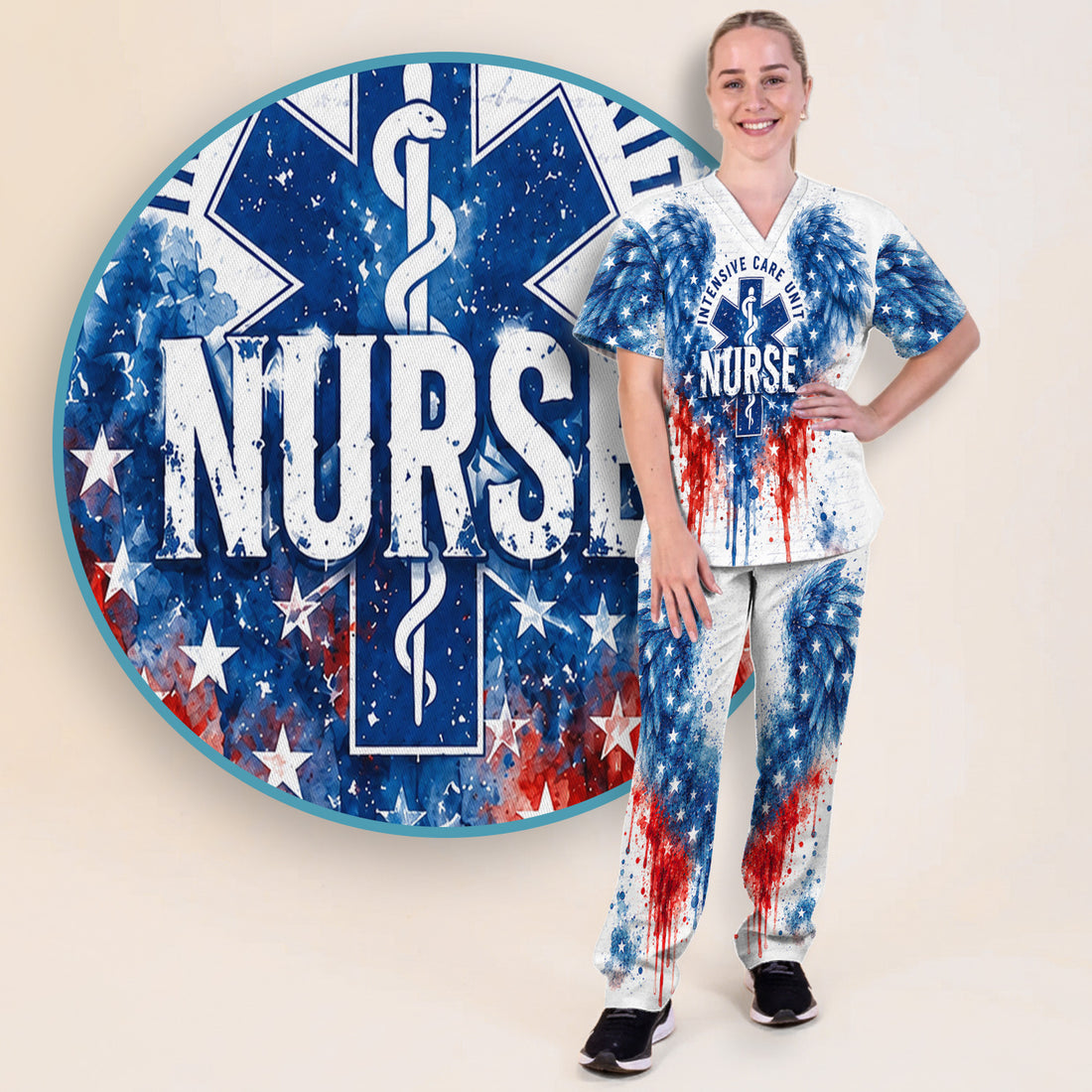 Patriotic Nurse Angel Wings Print Scrub Set, Scrub Pants and V Neck Top