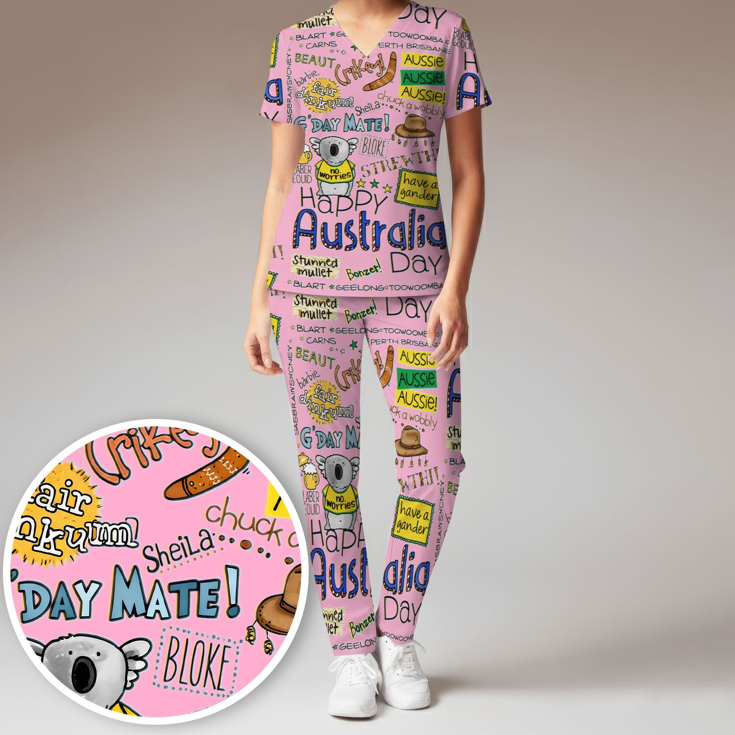 Cute Cartoon Koala Australia Pattern Medical Scrub Set, Breathable Med Uniform
