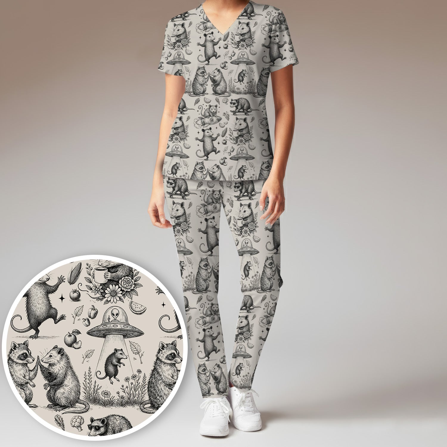 Funny Nurse Vintage Possum Raccoon High Five UFO Pattern Scrub Set, Scrub Pants and V Neck Top