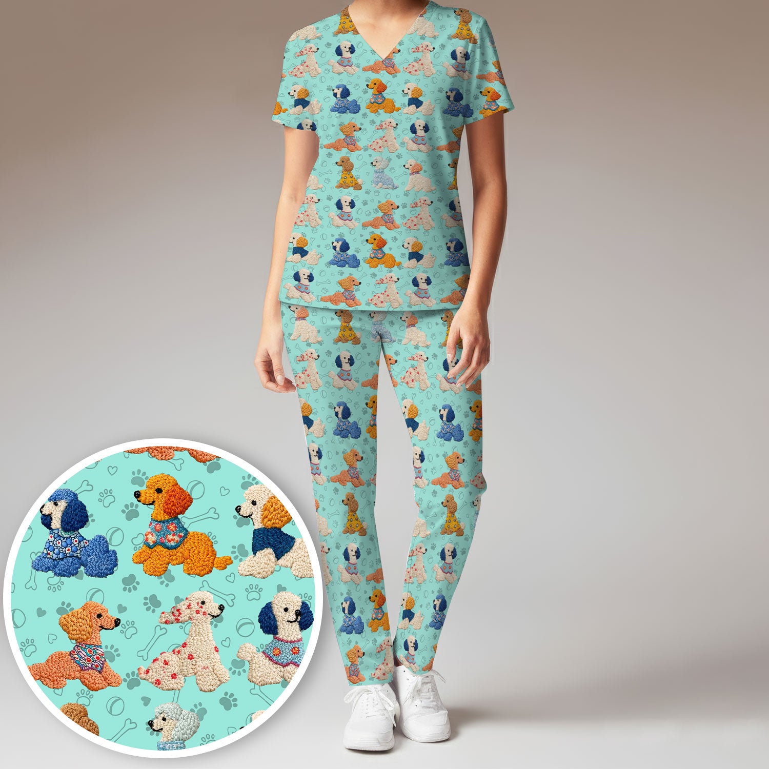 Cute Colorful Poodle Pattern Scrub Set, Scrub Pants and V Neck Top