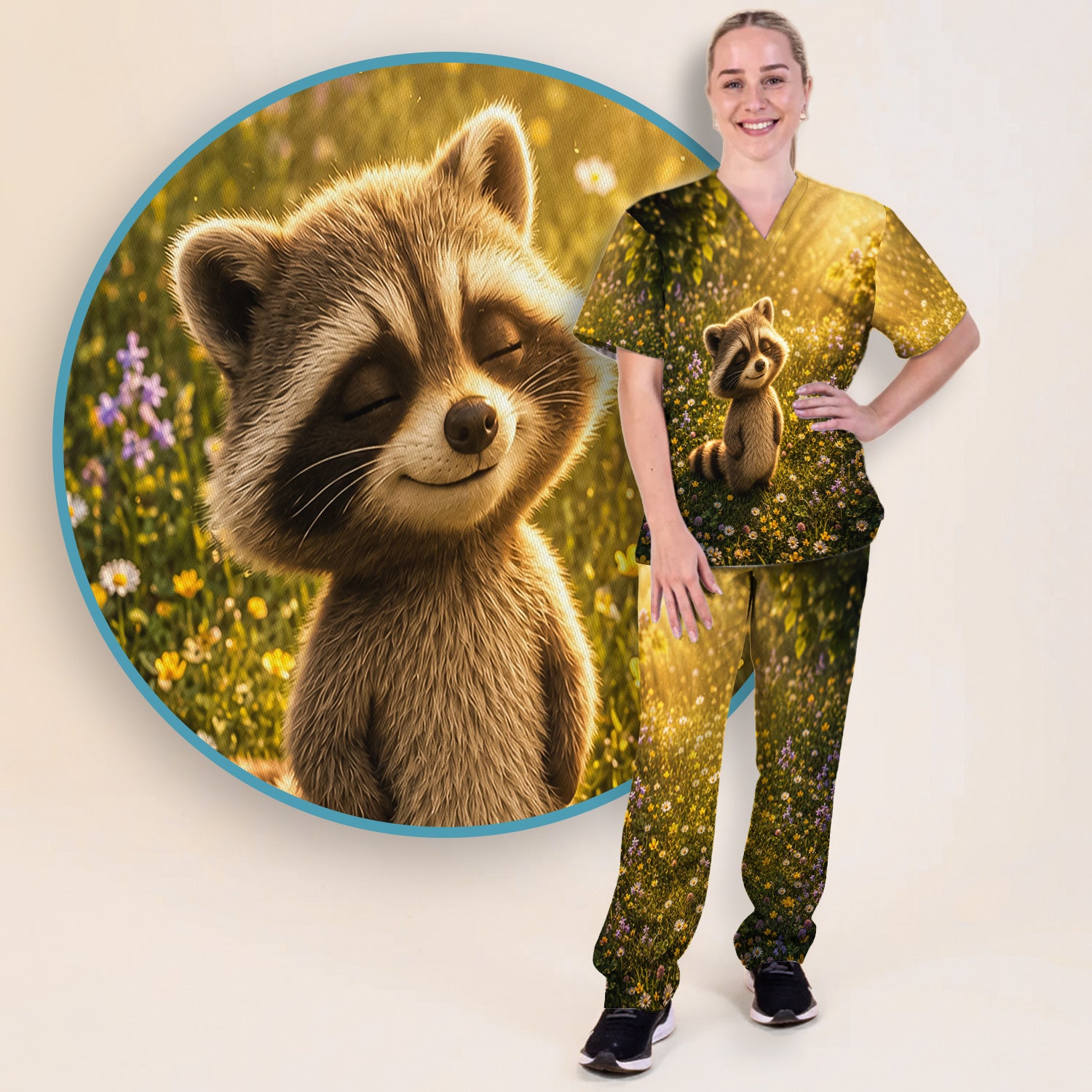 Smiling Raccoon Meadow Flower Pattern Scrub Set, Scrub Pants and V Neck Top