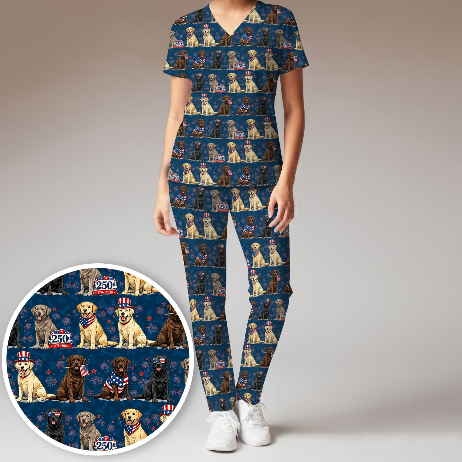 4th of July Labrador Dog Patriotic Print Scrub Set, Scrub Pants and V Neck Top