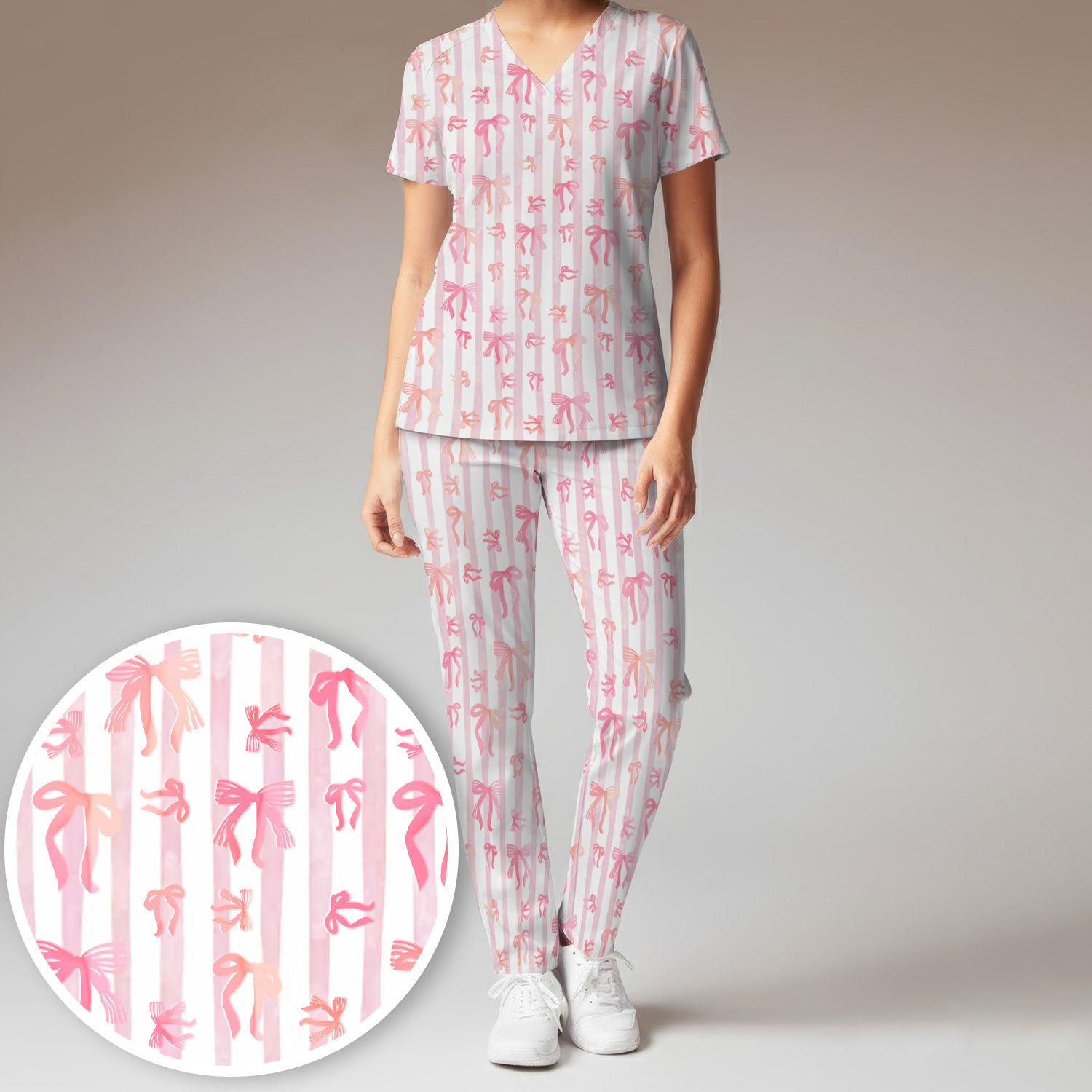 Pink Bow Stripe Pattern Print Scrub Set, Scrub Pants and V Neck Top