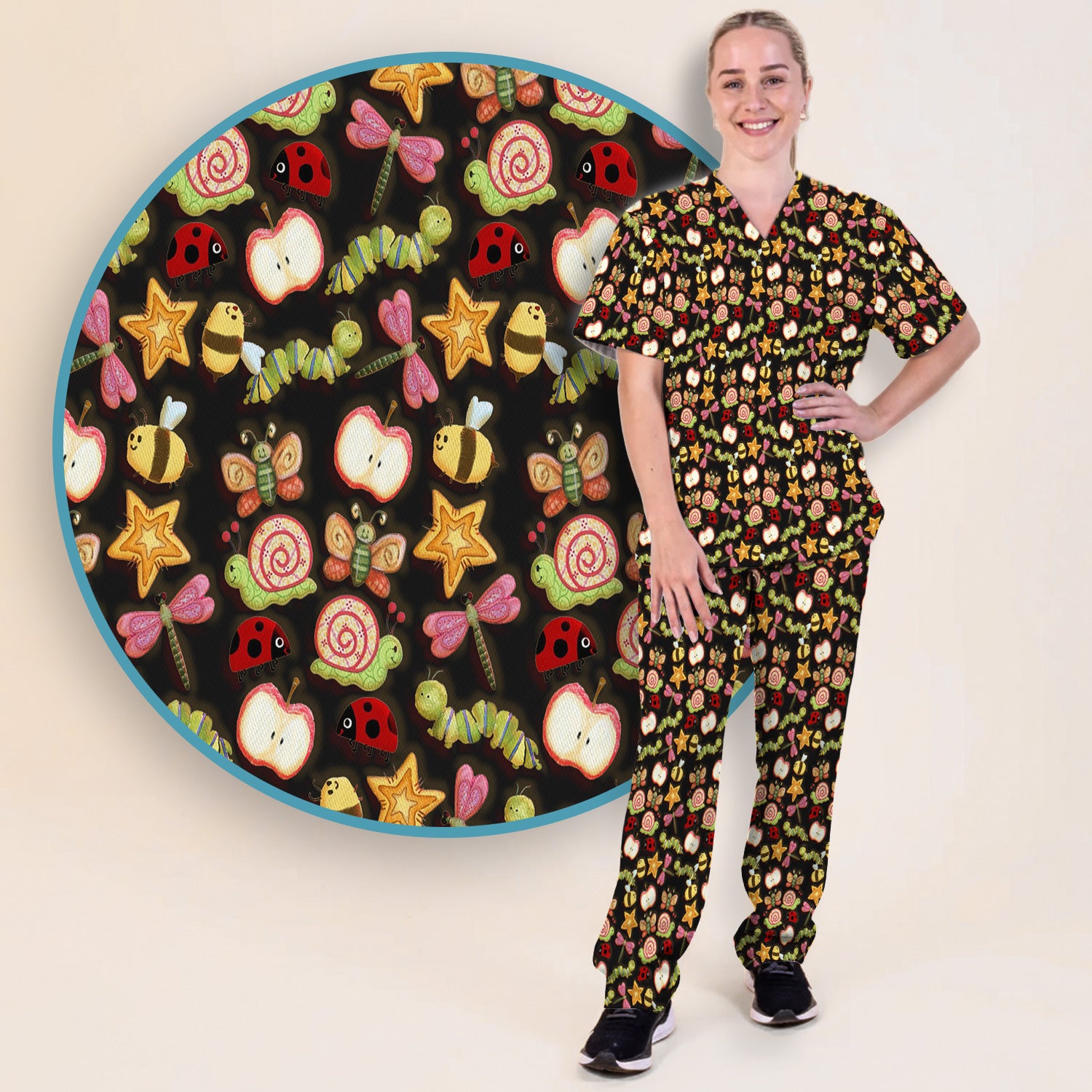 Cute Nurse Snail Ladybug Caterpillar Apple Garden Pattern Scrub Set, Breathable Med Uniform