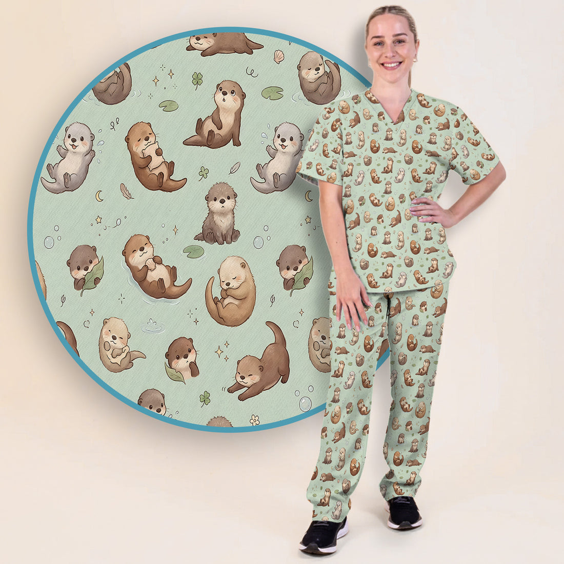 Cute Otter Pattern Scrub Set, Scrub Pants and V Neck Top