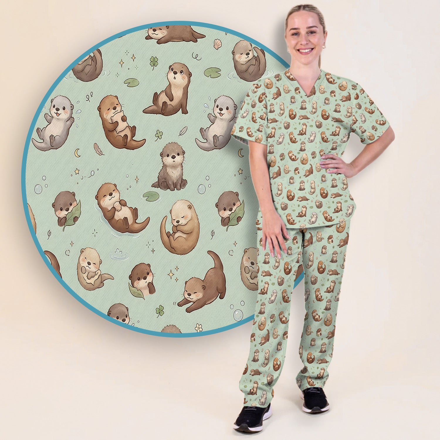Cute Otter Pattern Scrub Set, Scrub Pants and V Neck Top