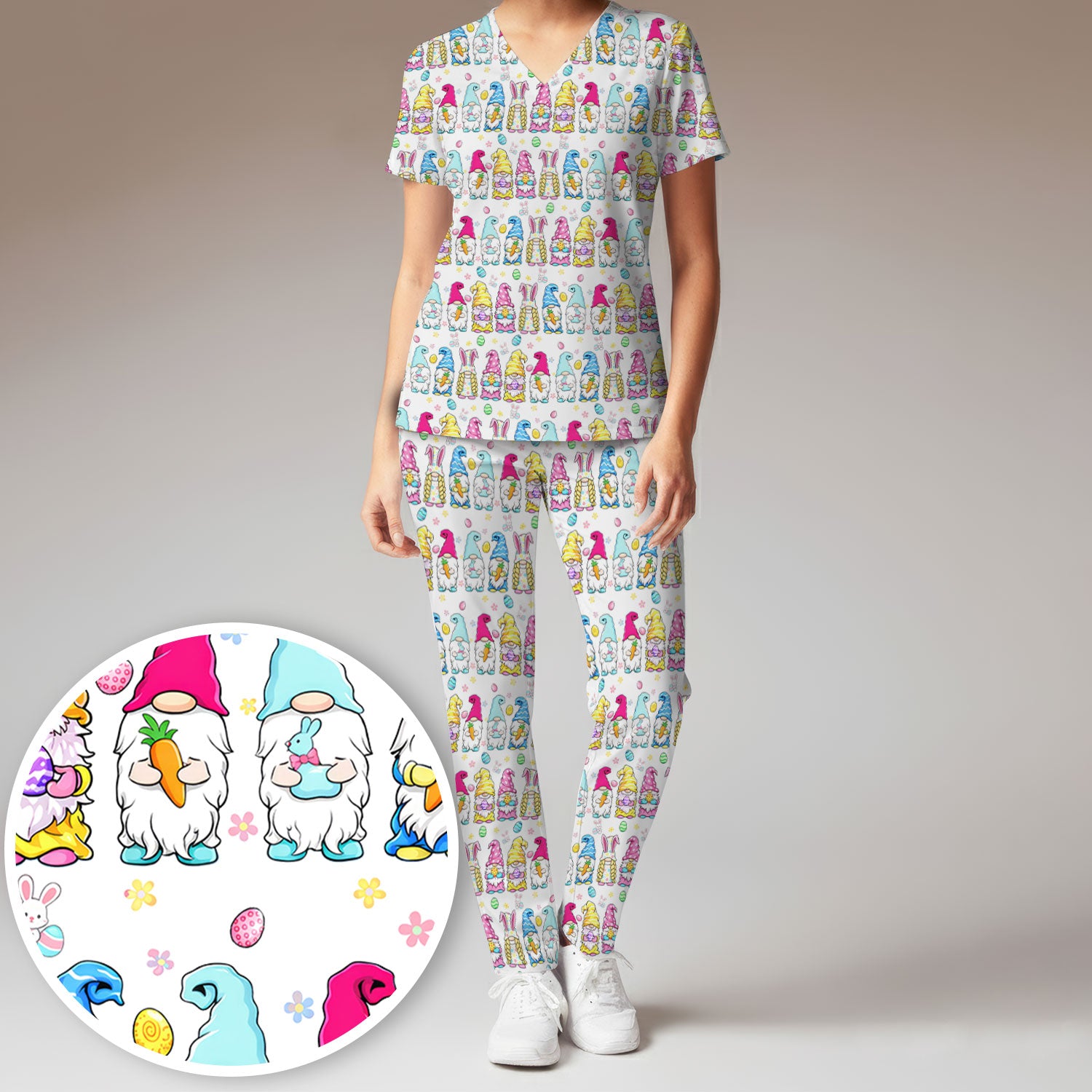 Colorful Easter Gnome Bunny Eggs Pattern Scrub Set, Women's Scrub Sets