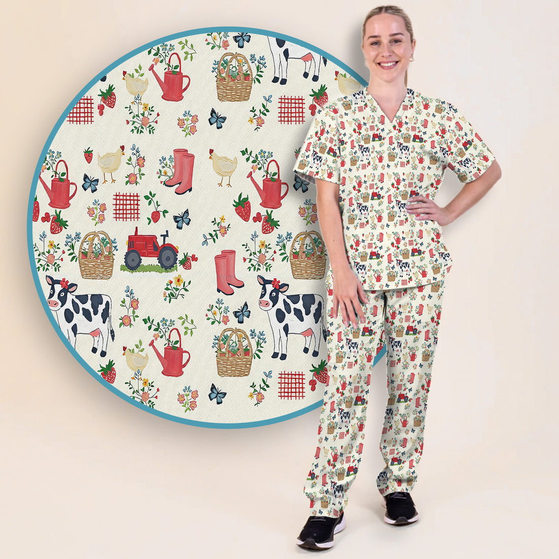 Cute Cow Chicken Farm Pattern Scrub Set, Women's Scrub Sets