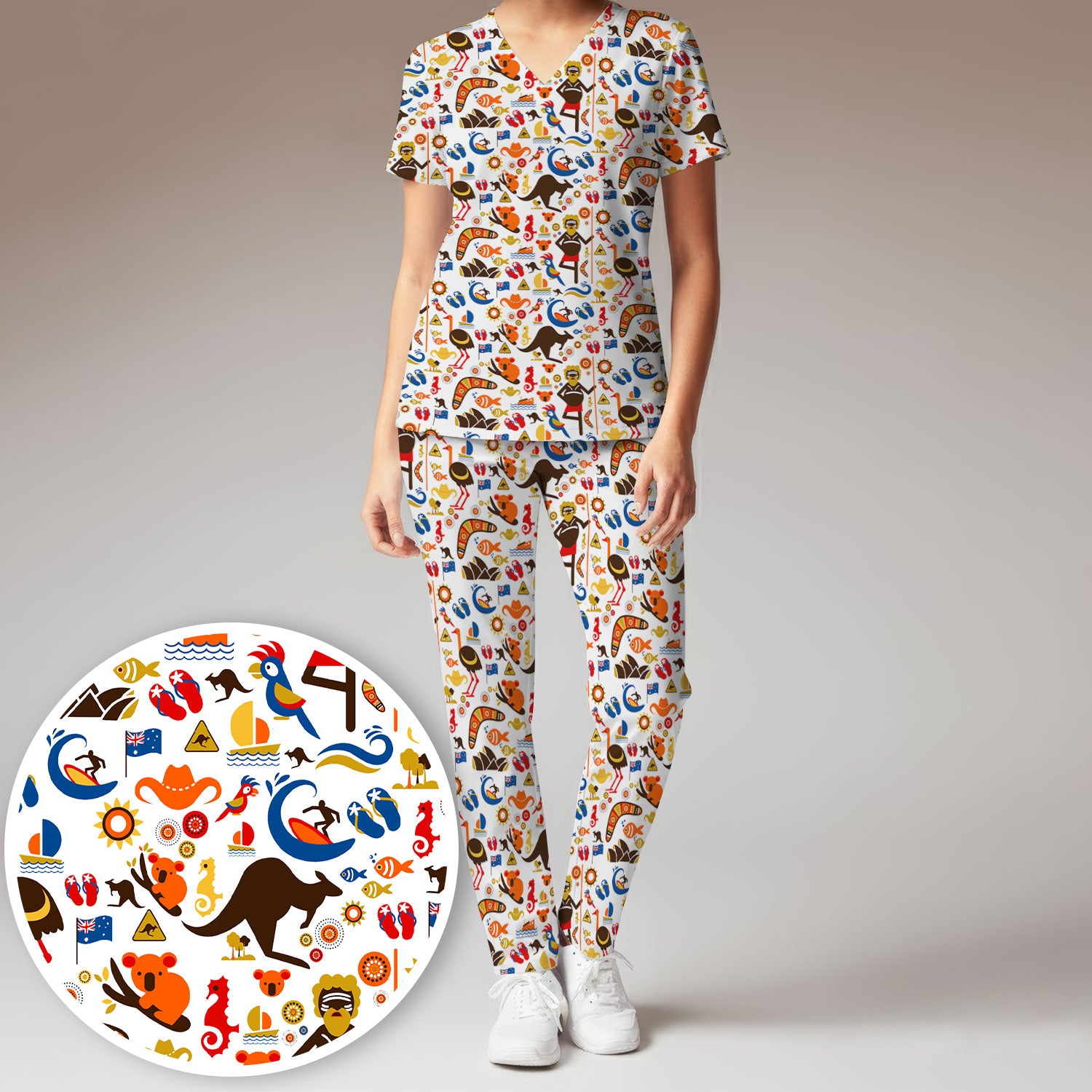 Indigenous Inspired Icon Scrub Set, Australia Culture Pattern Nurse Shirt, Comfortable Scrubs For Nursing