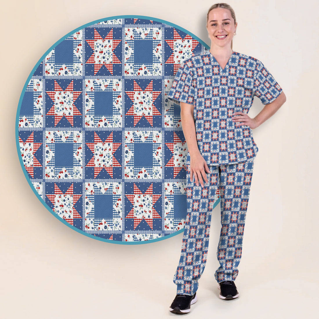 Vintage Patchwork Star Quilt Pattern Scrub Set, Scrub Pants and V Neck Top