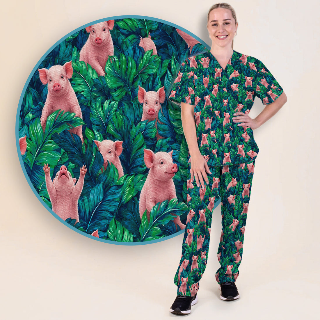 Cute Piglet Jungle Leaves Pattern Scrub Set, Scrub Pants and V Neck Top