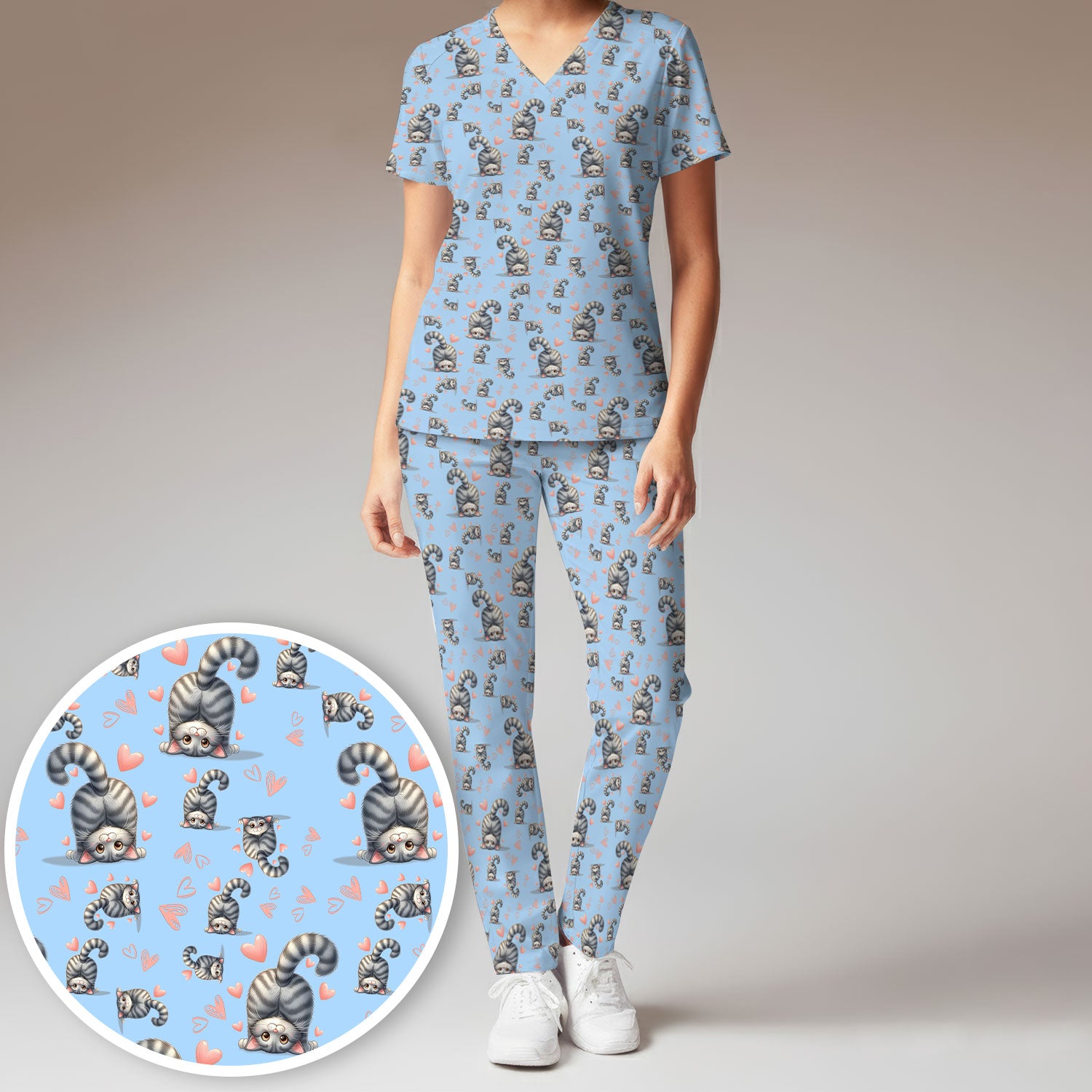 Valentine Cute Cat Scrub Set, Cat Heart Pattern Nurse Uniform, Comfortable Scrubs For Nurses