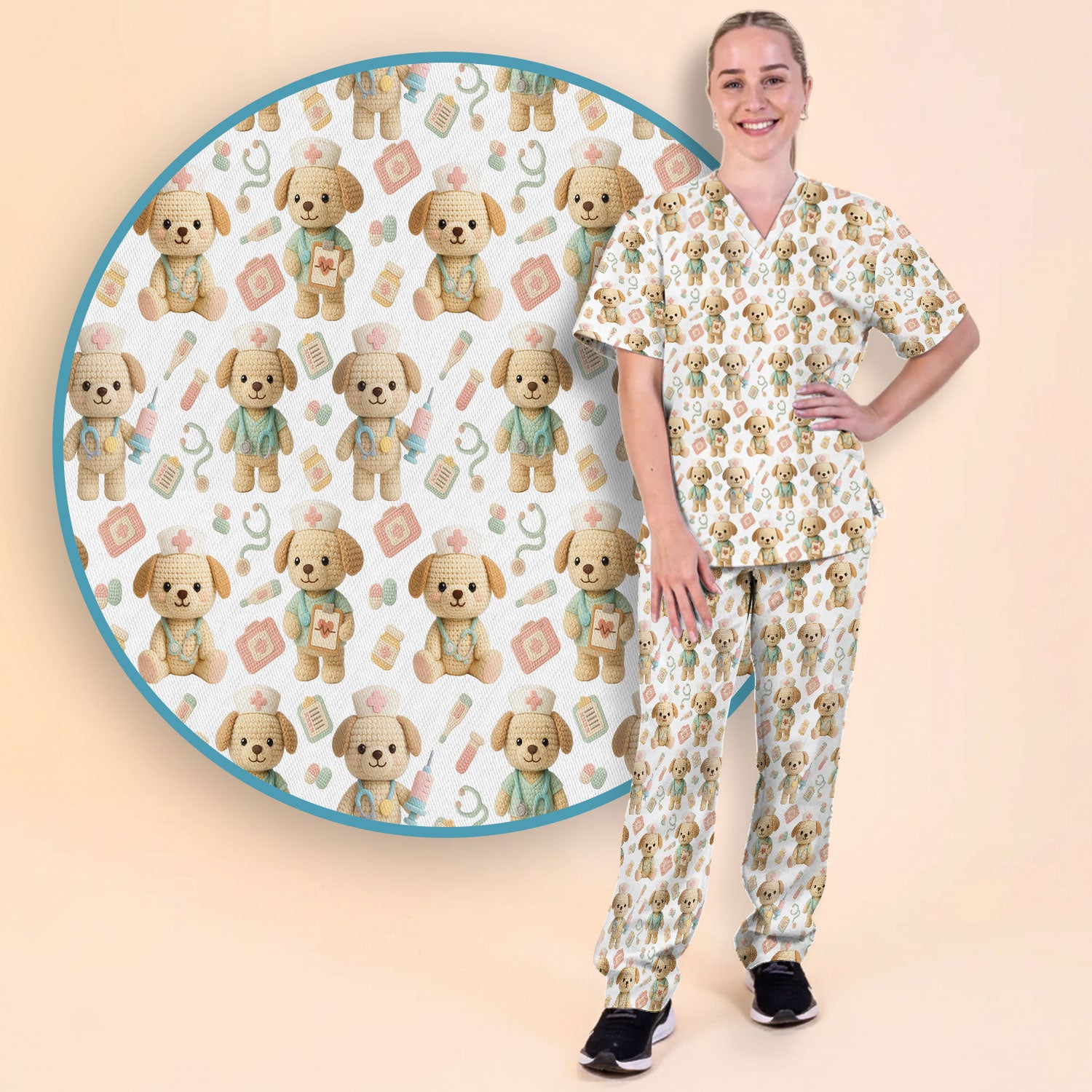 Cute Labrador Scrub Set for Nurse - Pastel Crochet Dog Scrubs Pants and V Neck Top - Adorable Puppy Med Uniform Gift for Women