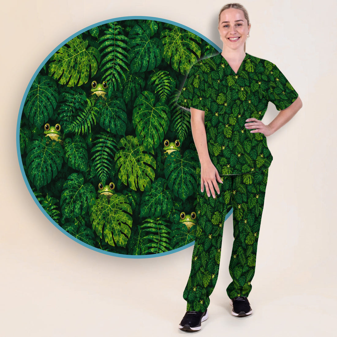 Cute Hidden Frog Jungle Pattern Scrub Set, Scrub Pants and V Neck Top