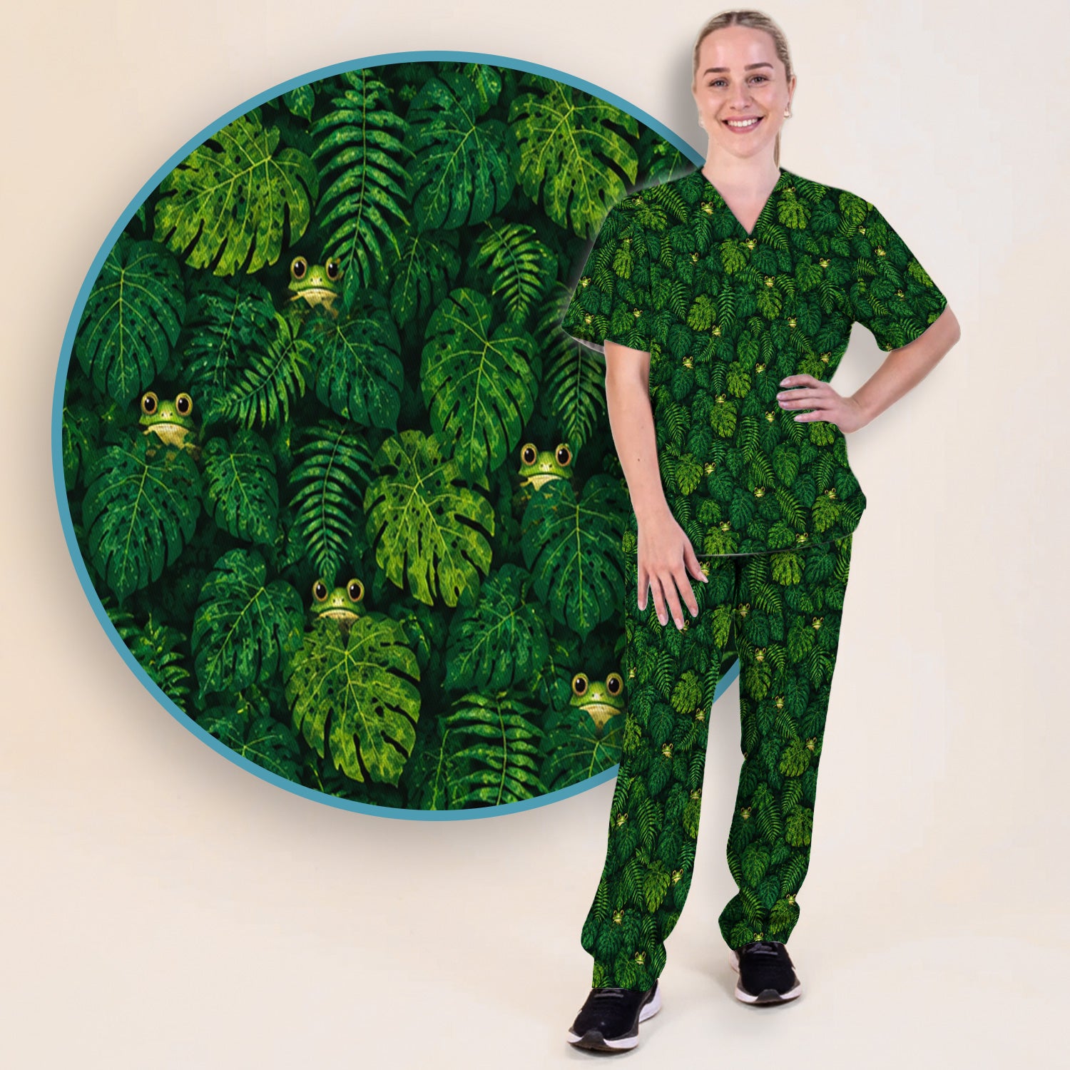 Cute Hidden Frog Jungle Pattern Scrub Set, Scrub Pants and V Neck Top