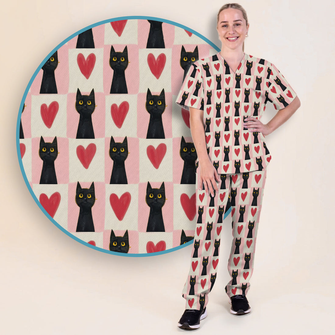 Cute Black Cat Heart Print Medical Scrub Set V Neck, Nursing Uniform