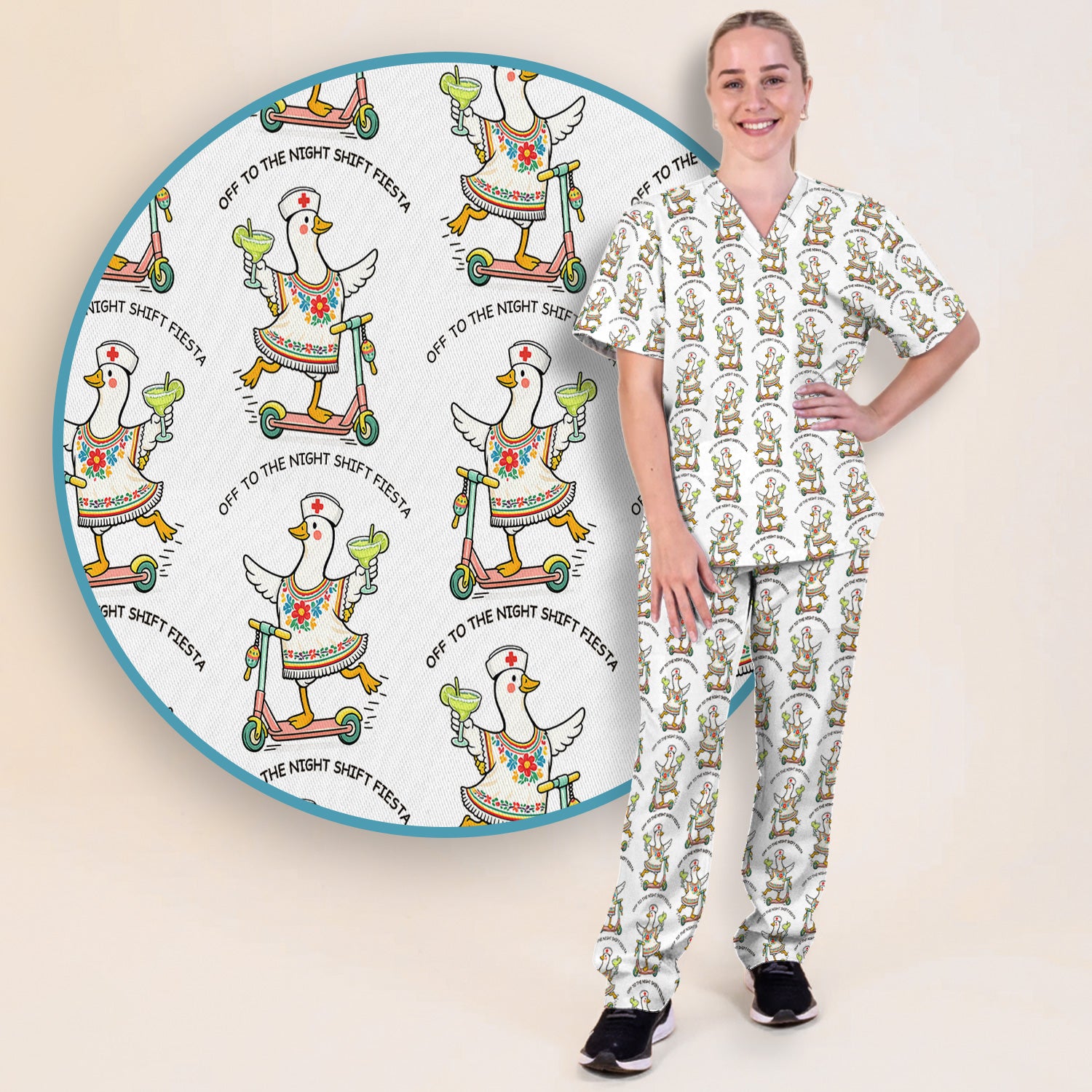 Funny Duck Scooter Night Shift Fiesta Scrub Set, Scrub Pants and V Neck Top