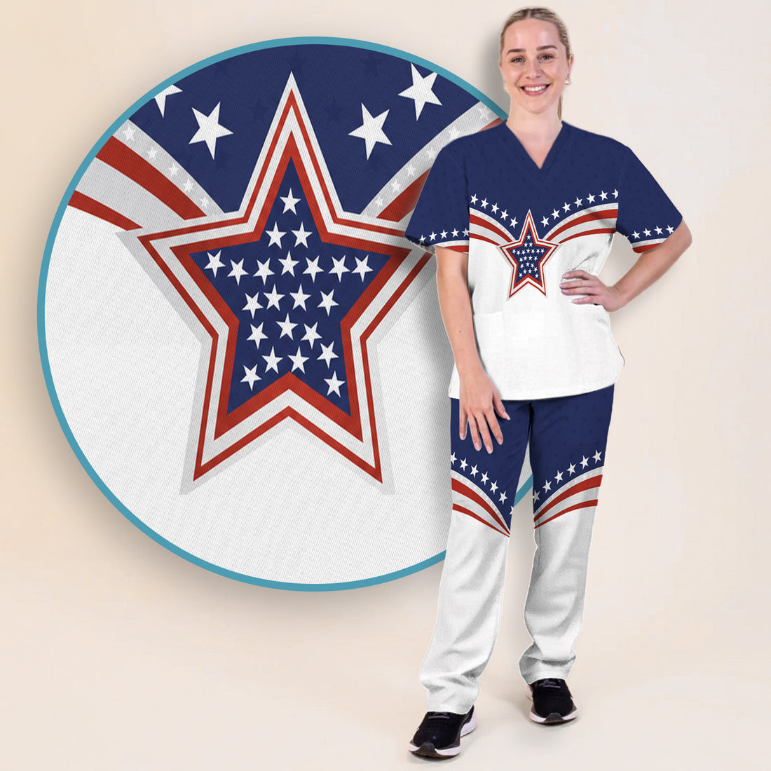 Patriotic American Flag Star Pattern Scrub Set, Scrub Pants and V Neck Top