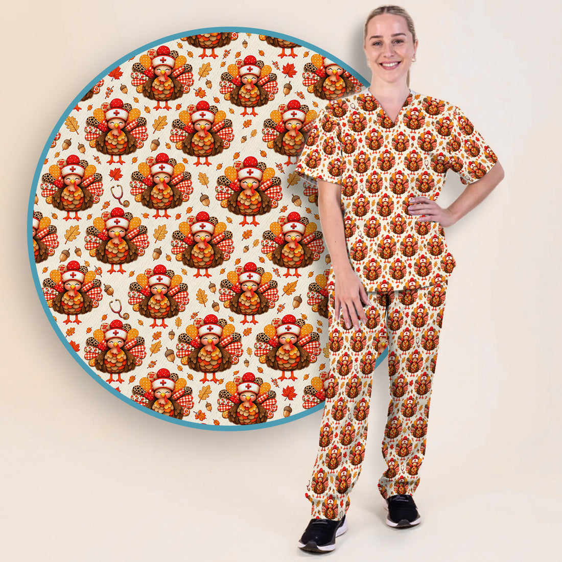 Buntes Kasack-Set mit Neon-Katzenköpfen, Schlupfhose und V-Ausschnitt-Oberteil