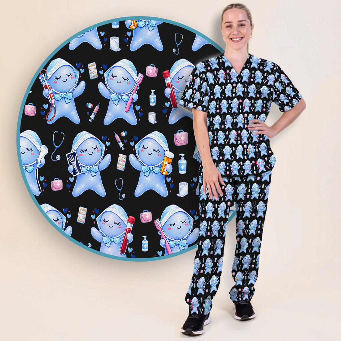 Cute Tooth Character Dental Tools Caring Pattern Scrub Set, Breathable Med Uniform