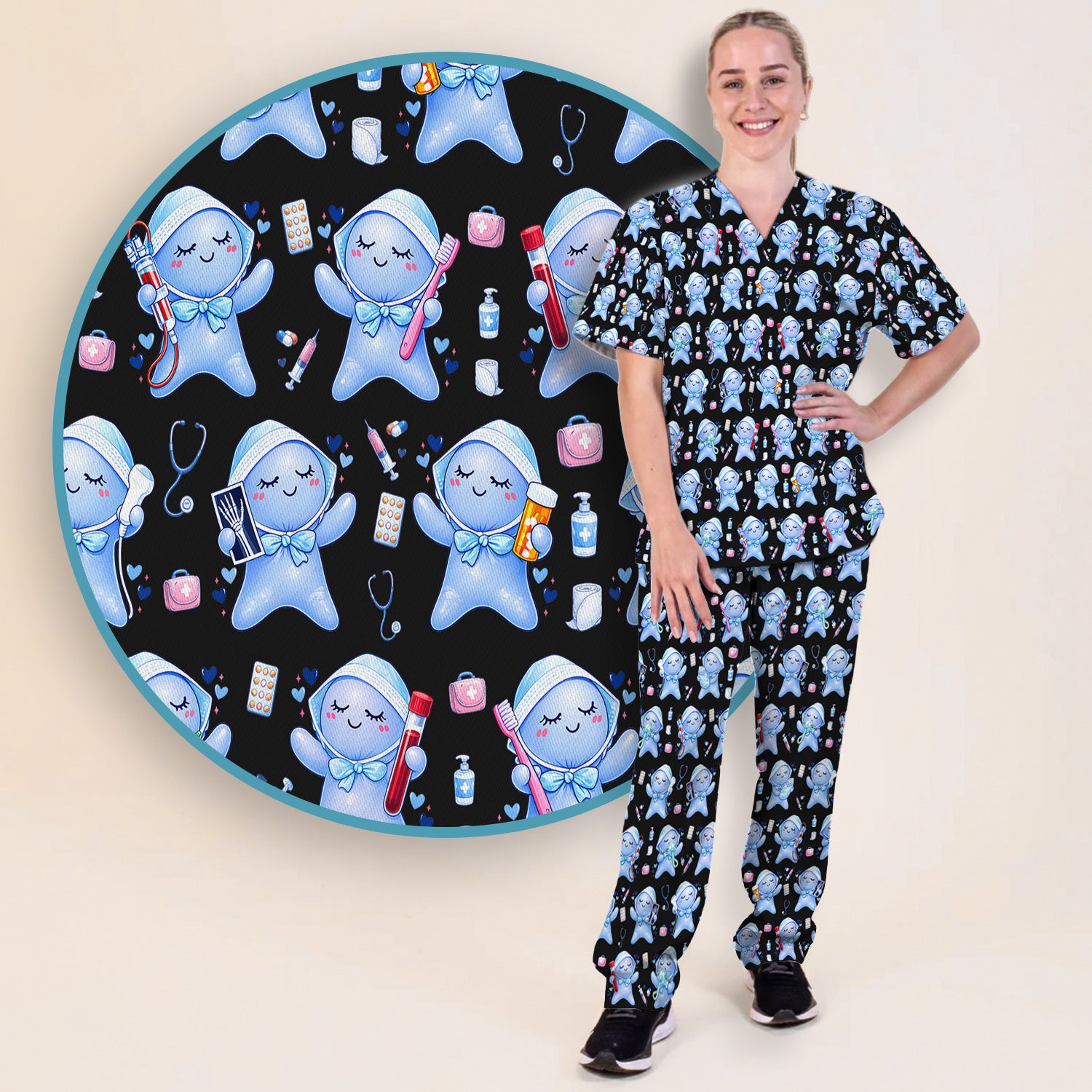 Cute Tooth Character Dental Tools Caring Pattern Scrub Set, Breathable Med Uniform