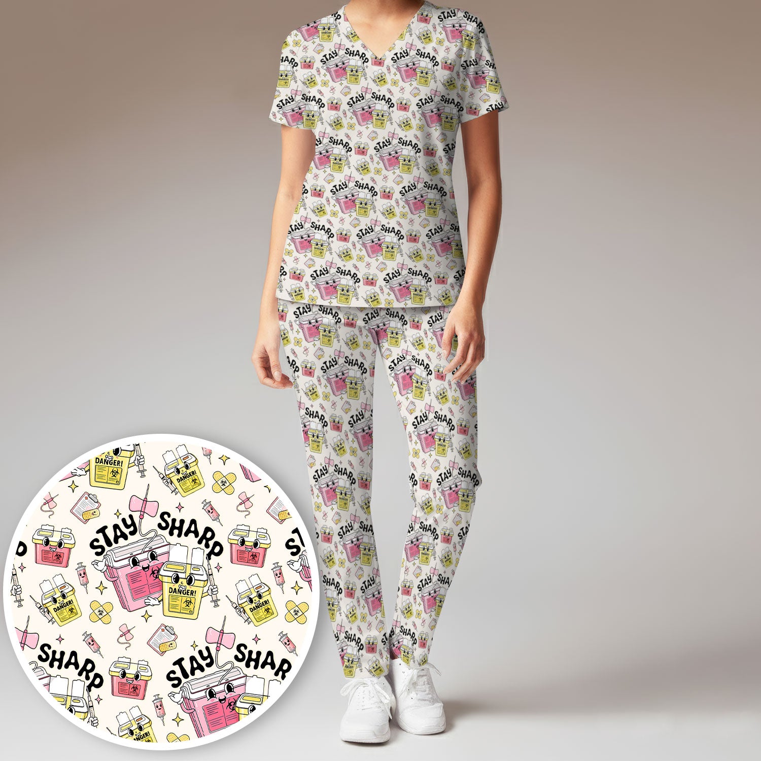 Stay Sharp Nurse Scrub Set, Cute Medical Pattern Scrubs, Breathable Fabrics Nursing Uniform