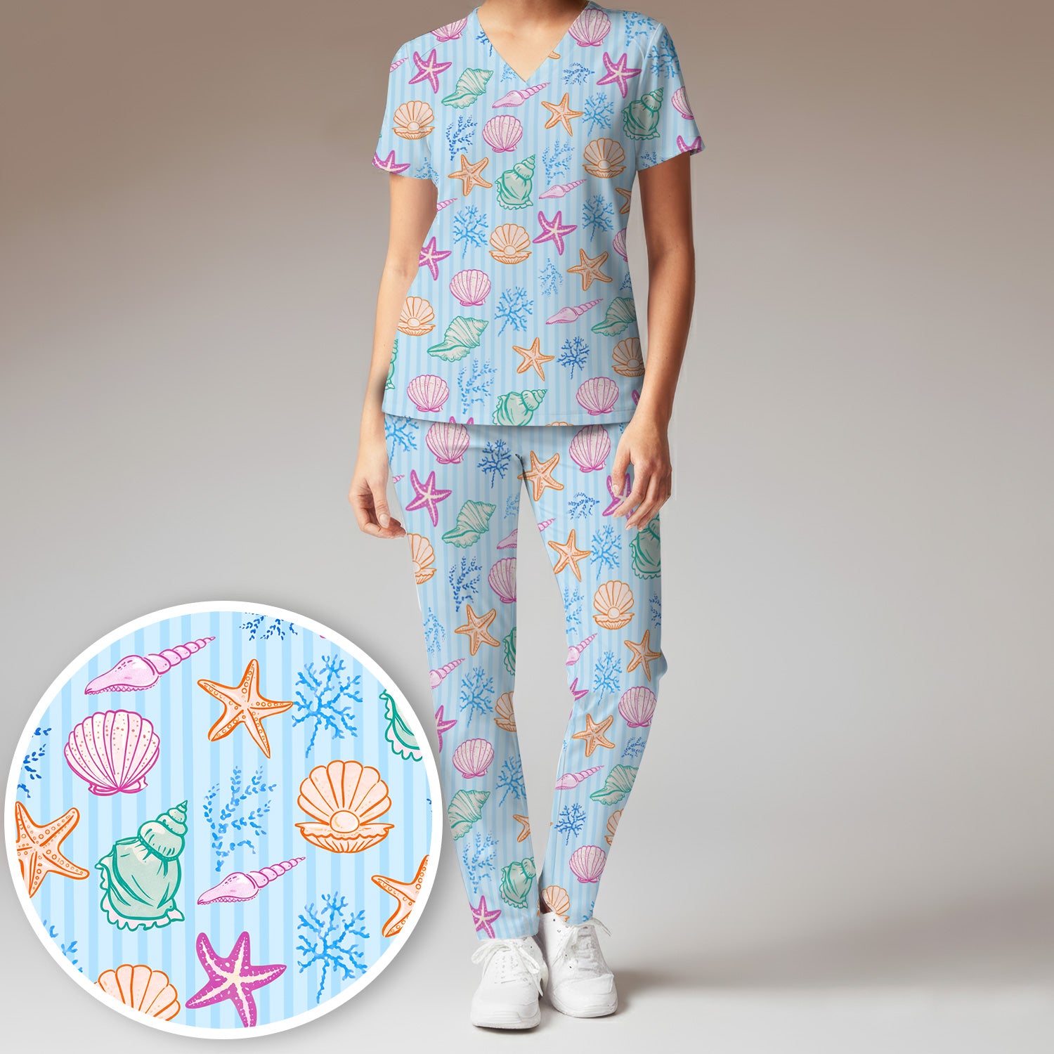 Colorful Seashell Starfish Ocean Stripe Pattern Scrub Set, Women's Scrub Sets