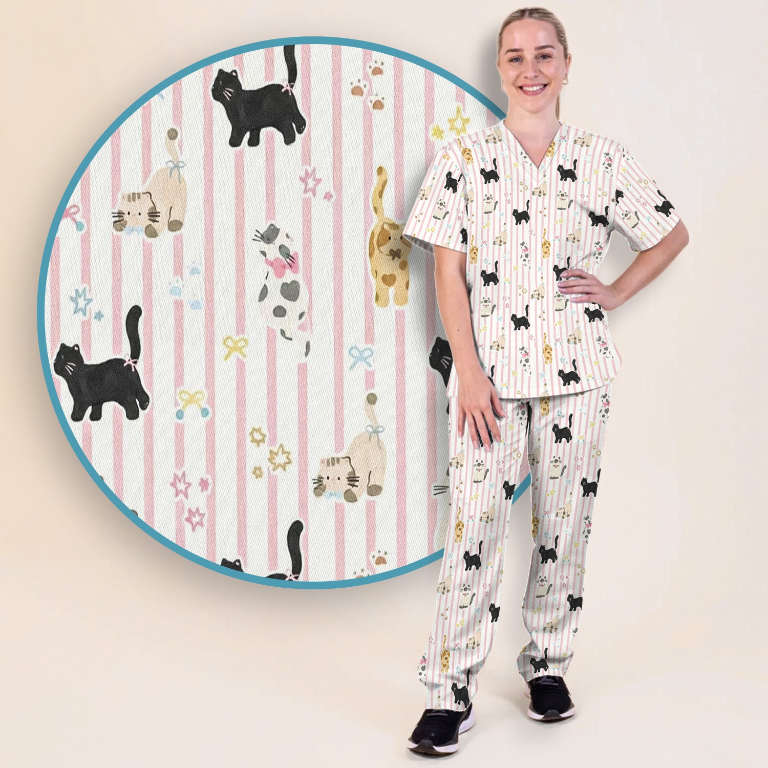 Cute Playful Cat Stripe Ribbon Pattern Scrub Set, Scrub Pants and V Neck Top
