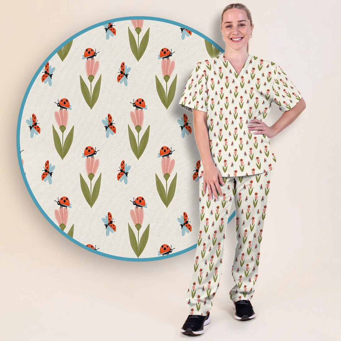 Cute Ladybug Tulip Floral Pattern Scrub Set, Scrub Pants and V Neck Top