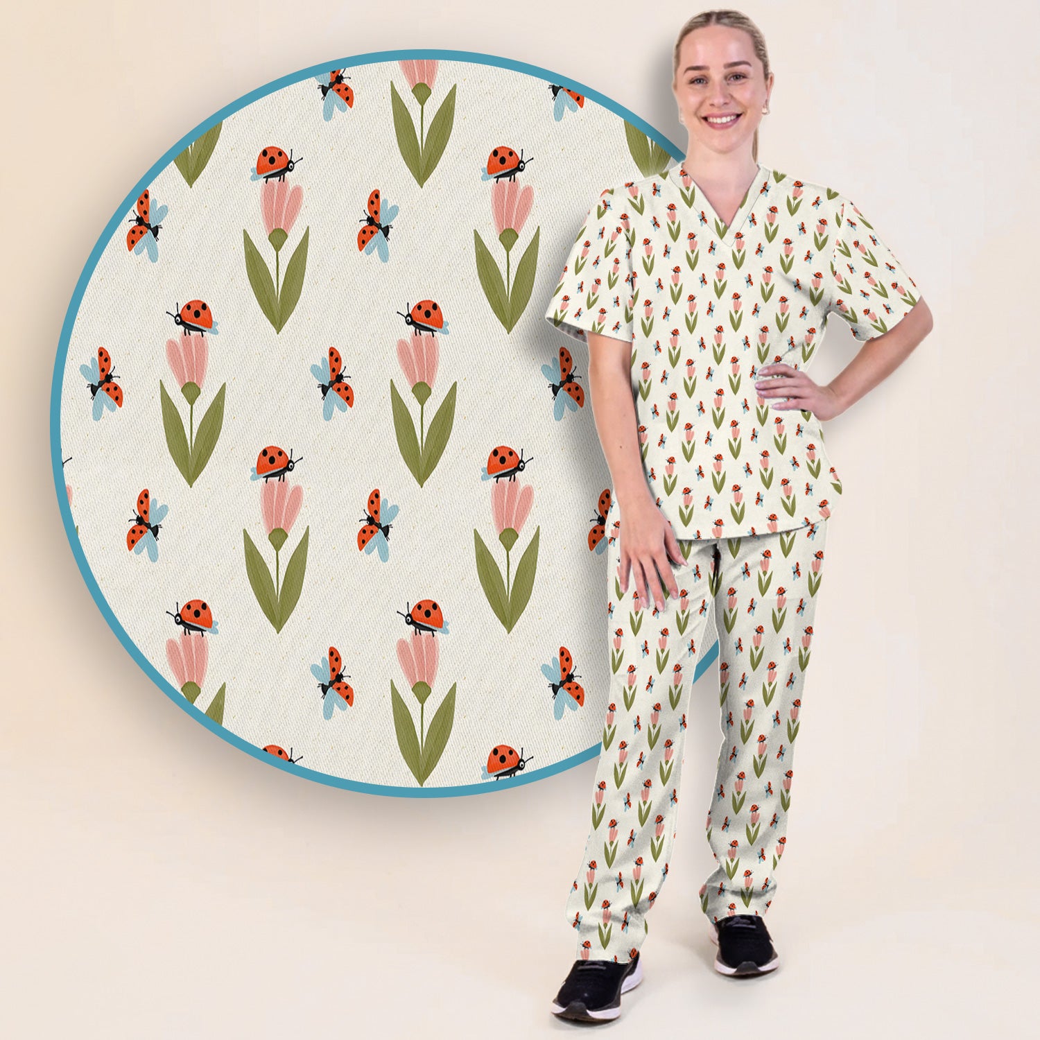 Cute Ladybug Tulip Floral Pattern Scrub Set, Scrub Pants and V Neck Top