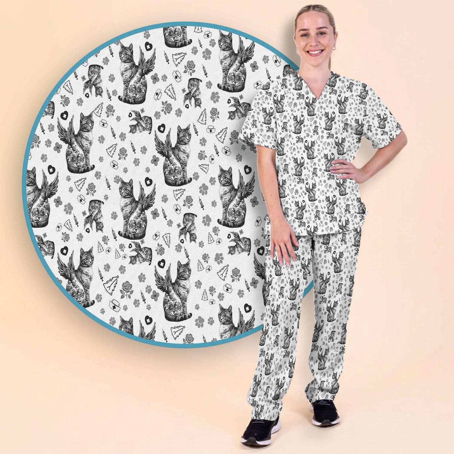 Toile de Jouy Cat Angel Scrub Set - Blue Vintage Nurse Pants and V Neck Top - French Style Medical Uniform for Women