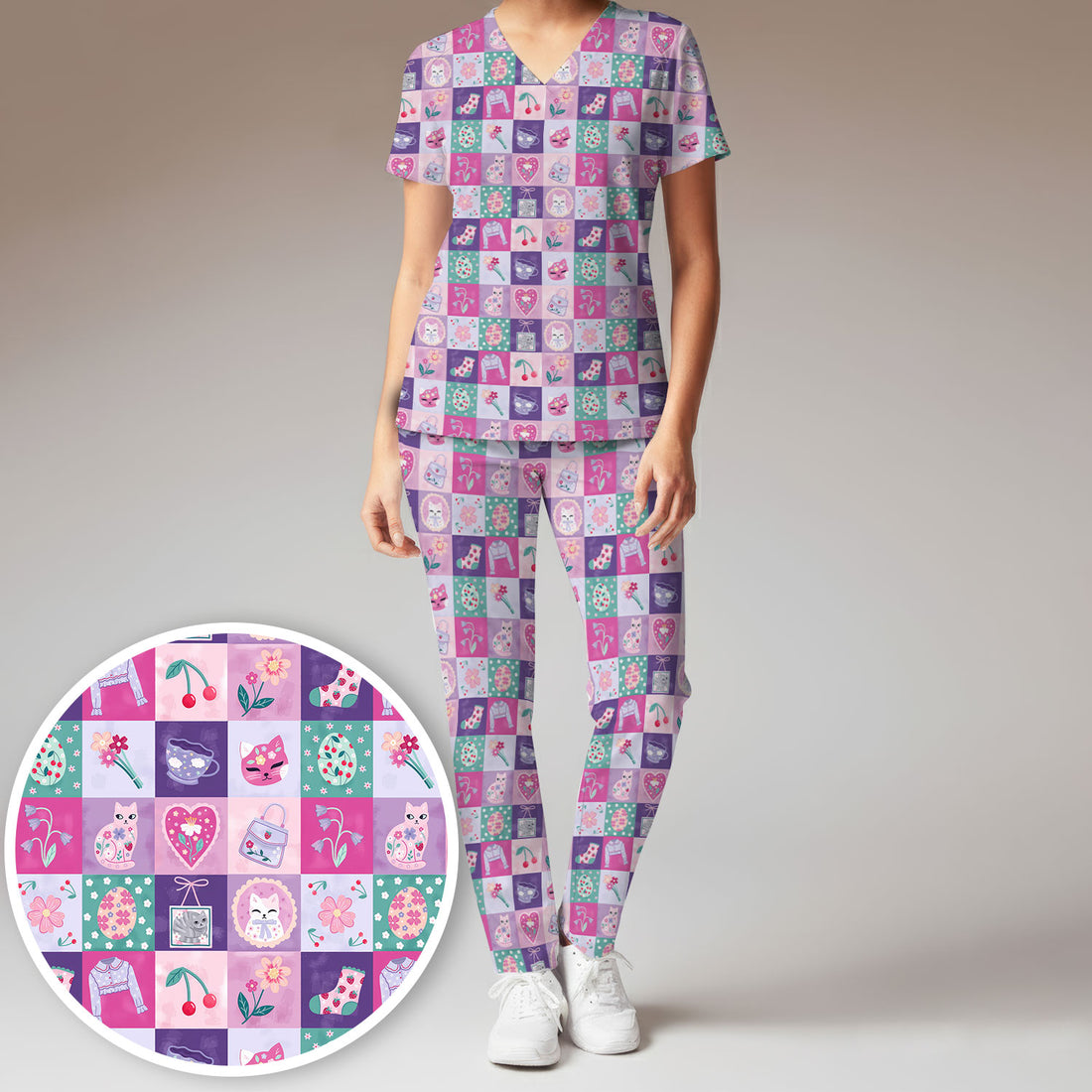 Pastel Cat Patchwork Scrub Set,  Kawaii Floral Scrub Pants and V Neck Top