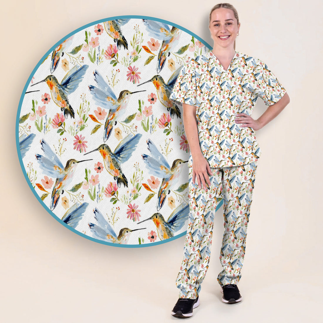 Watercolor Hummingbird Floral Pattern Scrub Set, Scrub Pants and V Neck Top