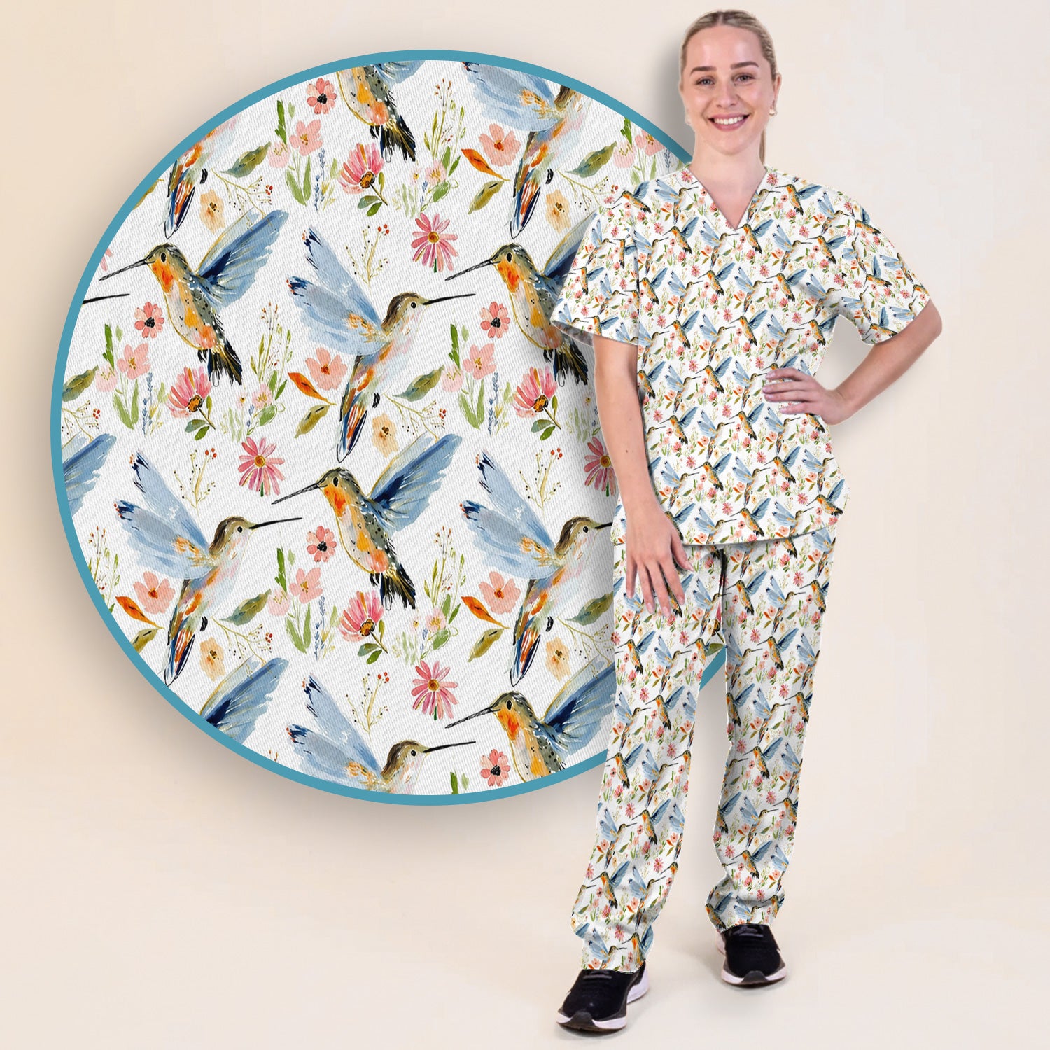 Watercolor Hummingbird Floral Pattern Scrub Set, Scrub Pants and V Neck Top