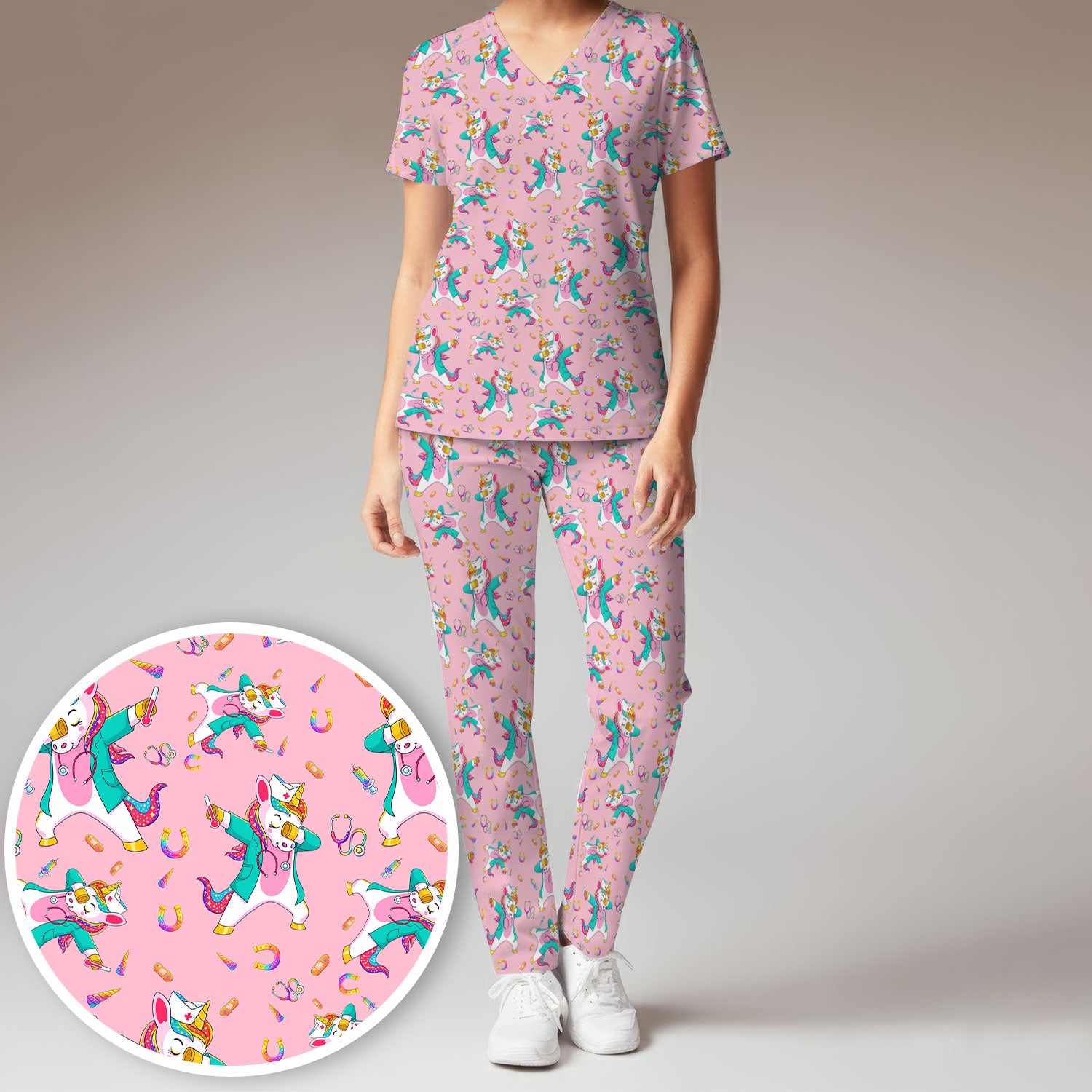 Cute Unicorn Nurse Dance Pattern Women's Sets, Scrub Pants and V Neck Top