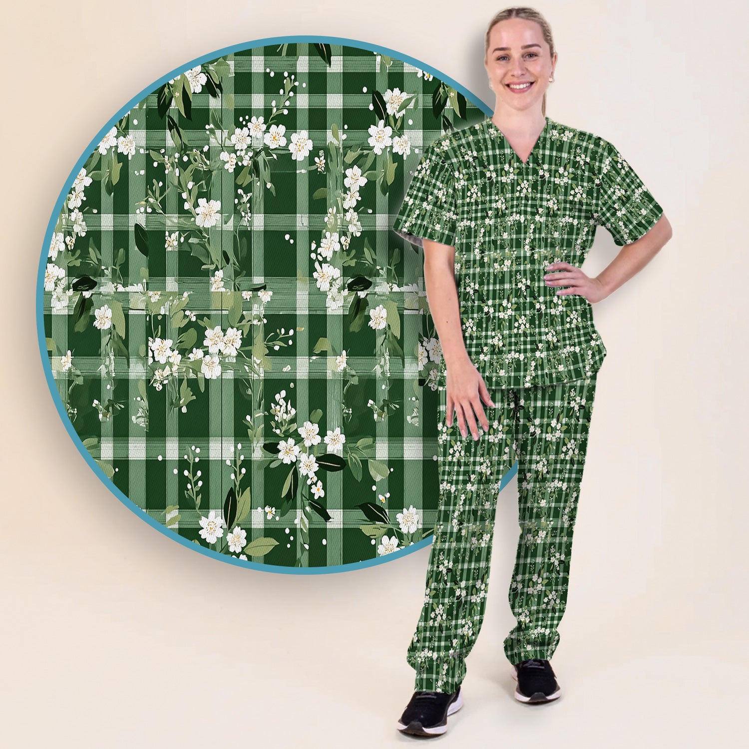 Cute Green Gingham Floral Print Scrub Set, Women's Scrub Sets