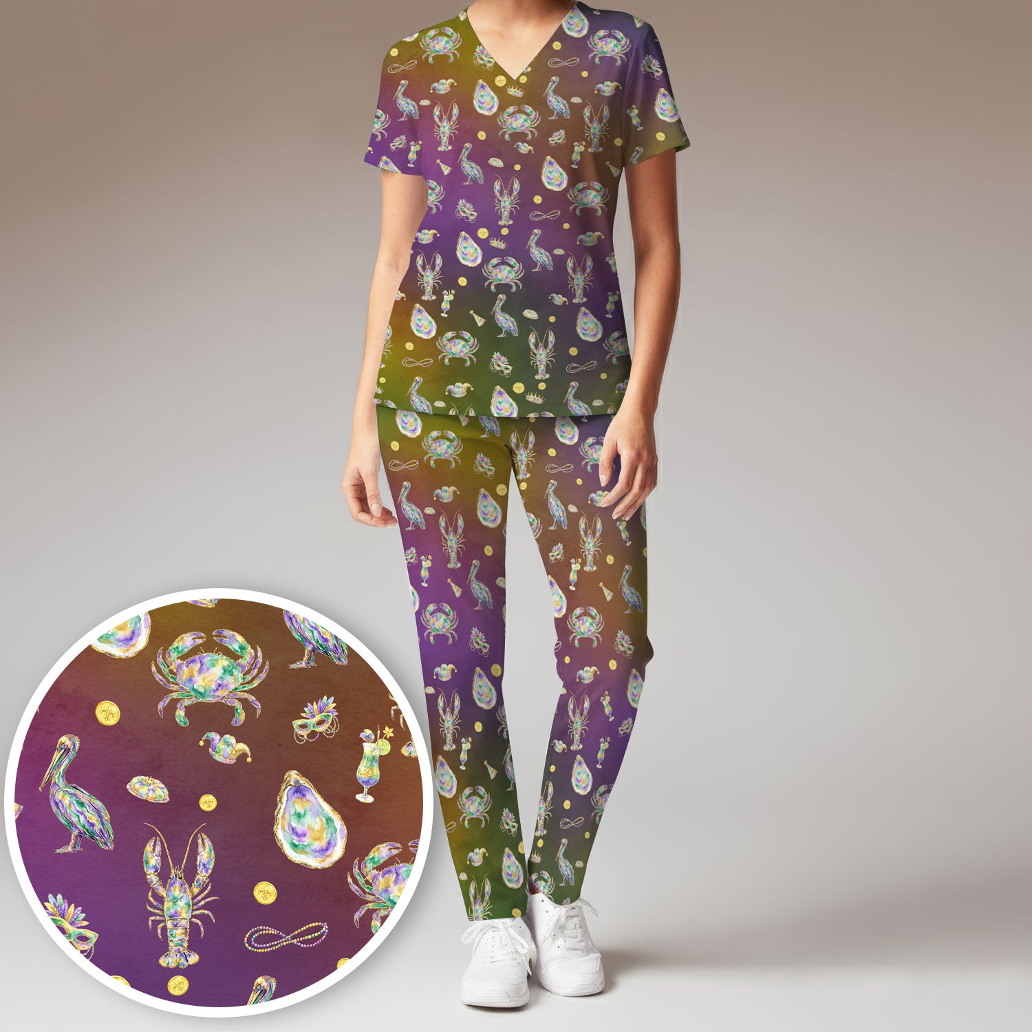 Mardi Gras Seafood Nurse Scrub Set, Comfortable Uniform Scrubs For Nursing