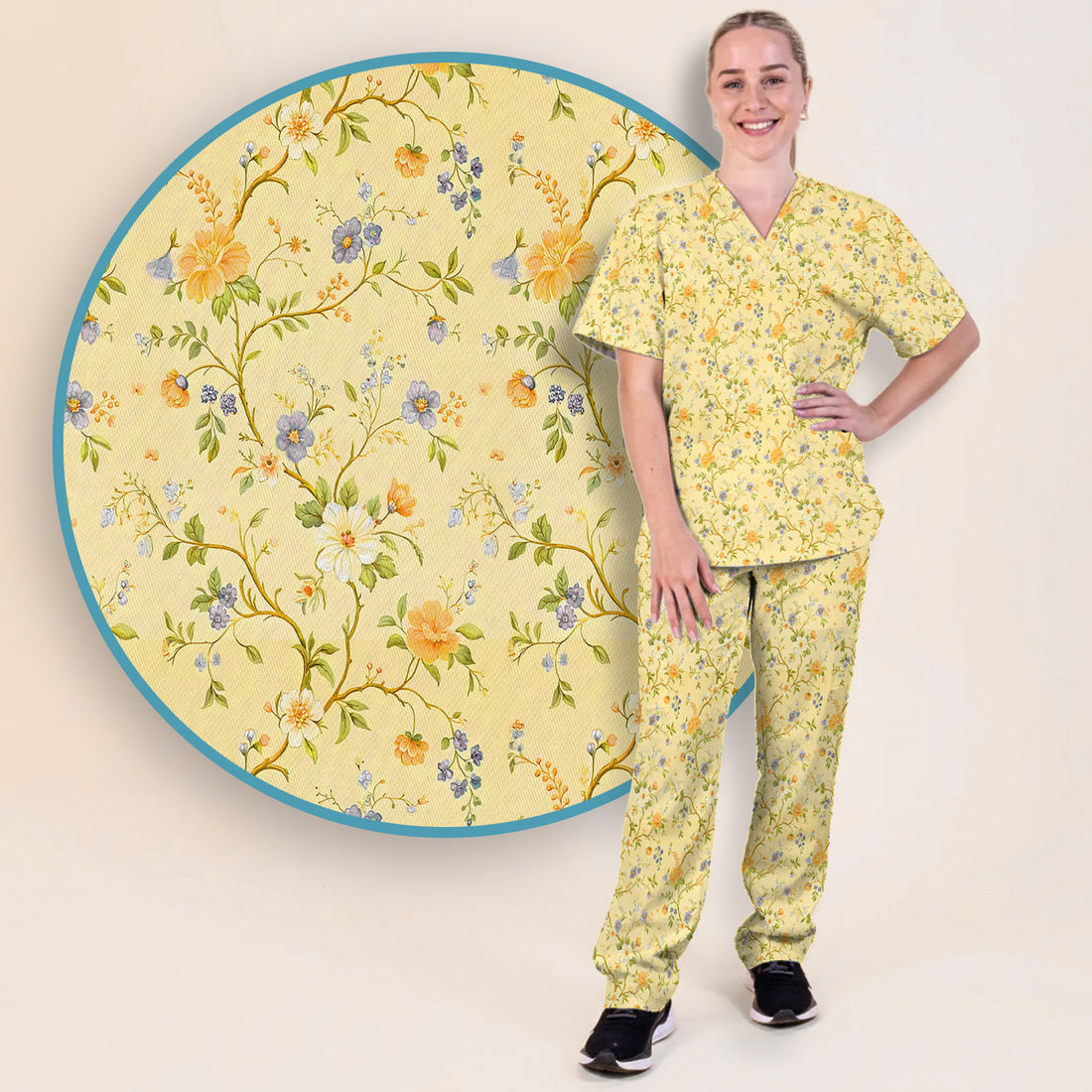 Sunny Wildflower Garden Floral Scrub Set, Scrub Pants and V Neck Top