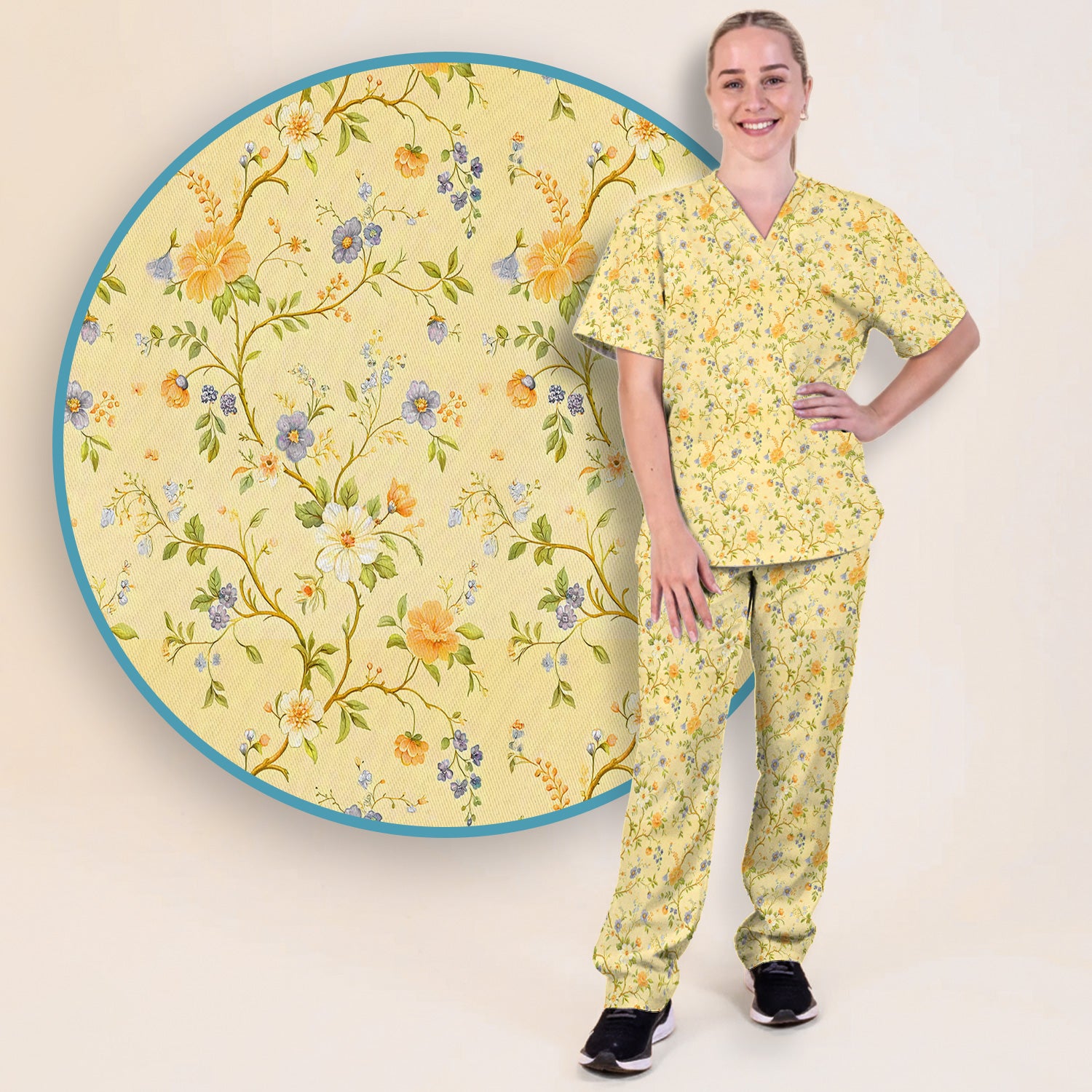 Sunny Wildflower Garden Floral Scrub Set, Scrub Pants and V Neck Top