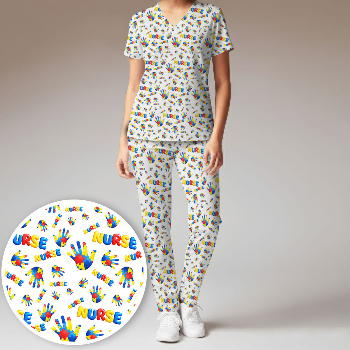 Colorful Autism Handprint Nurse Pattern Scrubs Set, Scrub Pants and V Neck Top