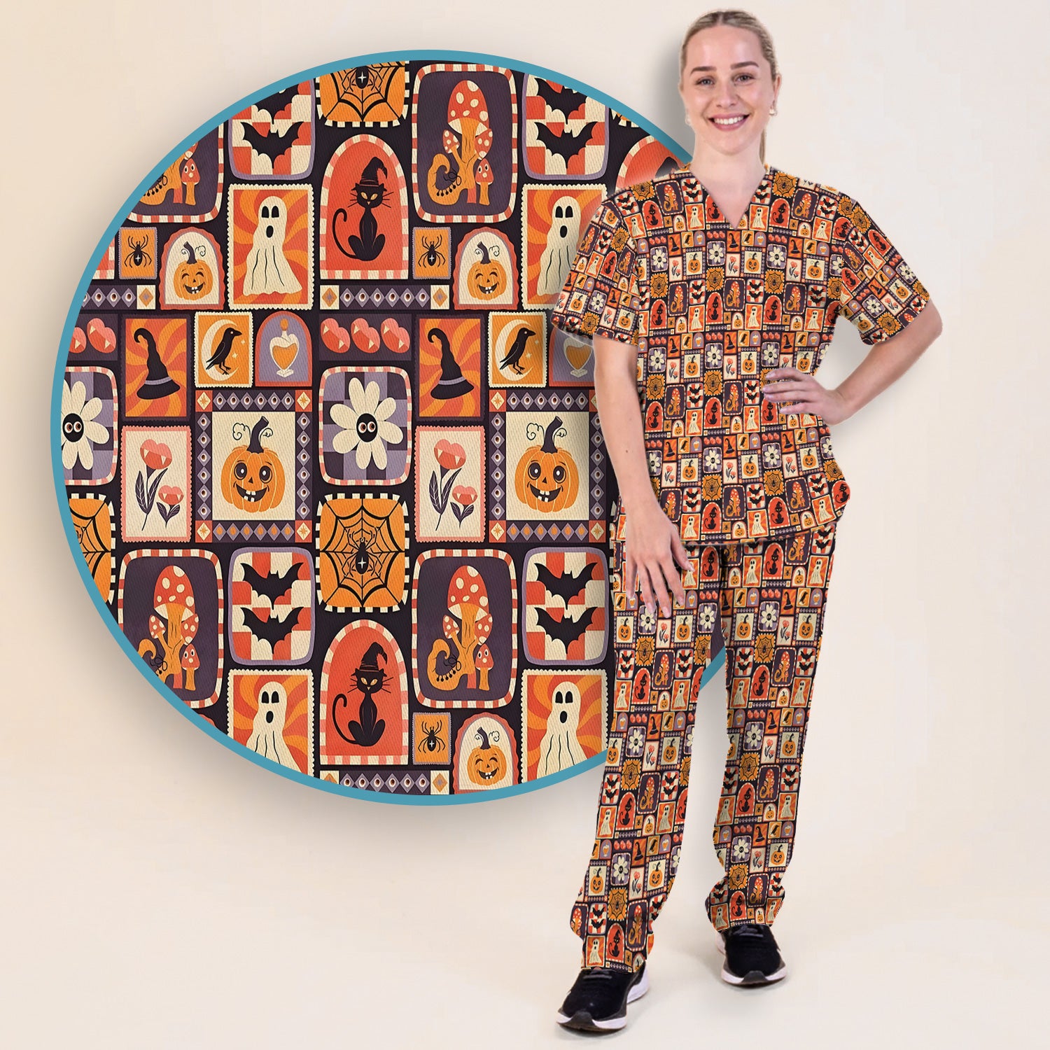 Retro Halloween Patchwork Icons Scrub Set, Scrub Pants and V Neck Top