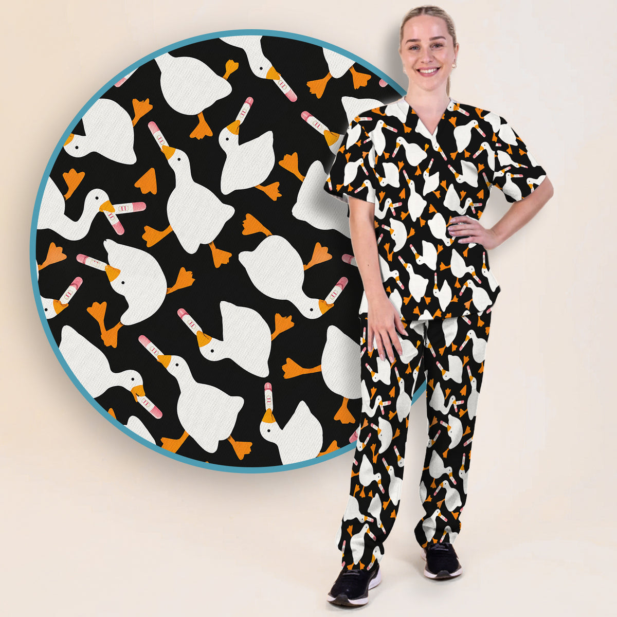 Funny Geese Holding Pregnancy Test Scrub Set, Scrub Pants and V Neck Top