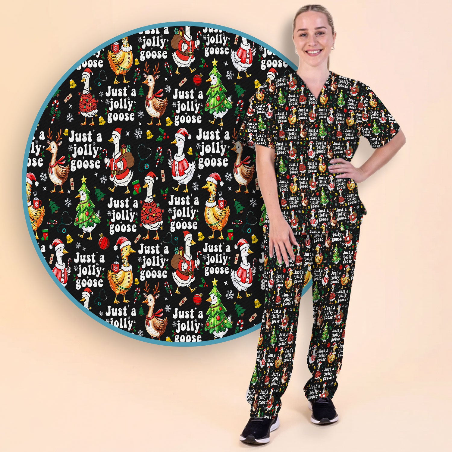 Just a Jolly Goose Funny Christmas Scrub Set - Holiday Medical Uniform for Nurse - Santa Goose Pants and Top
